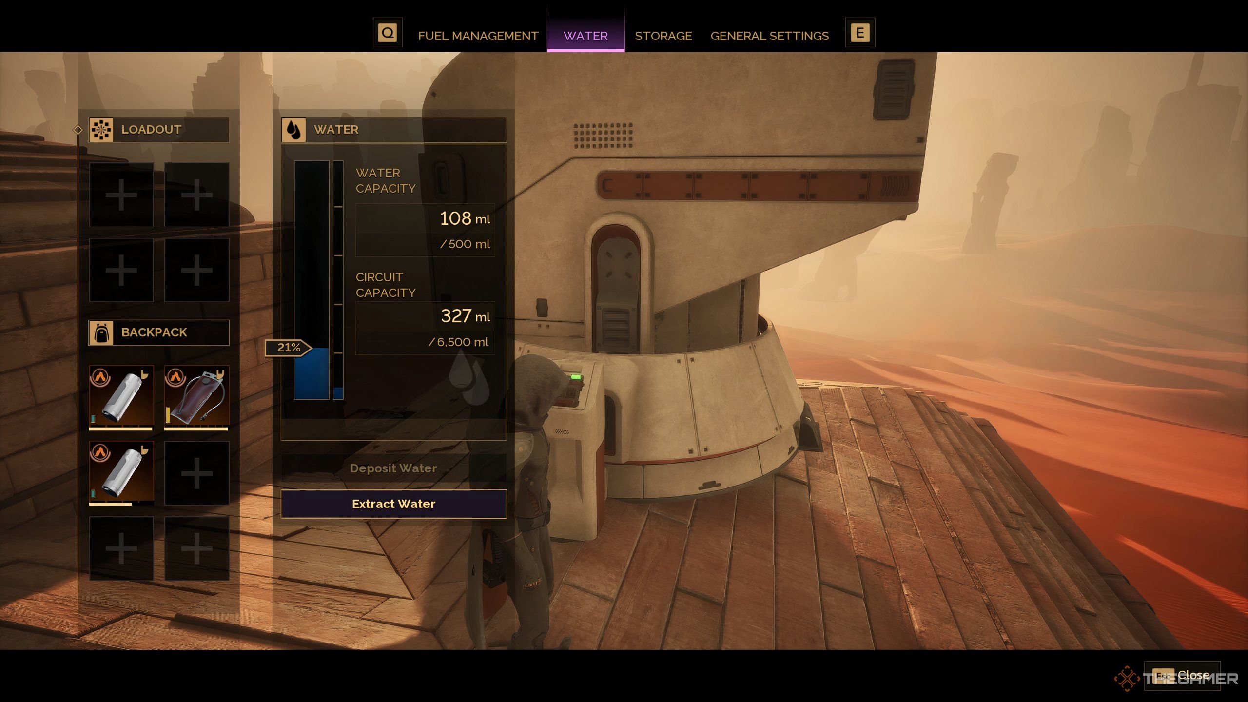 A player character in Dune: Awakening checks the water storage on their windtrap.