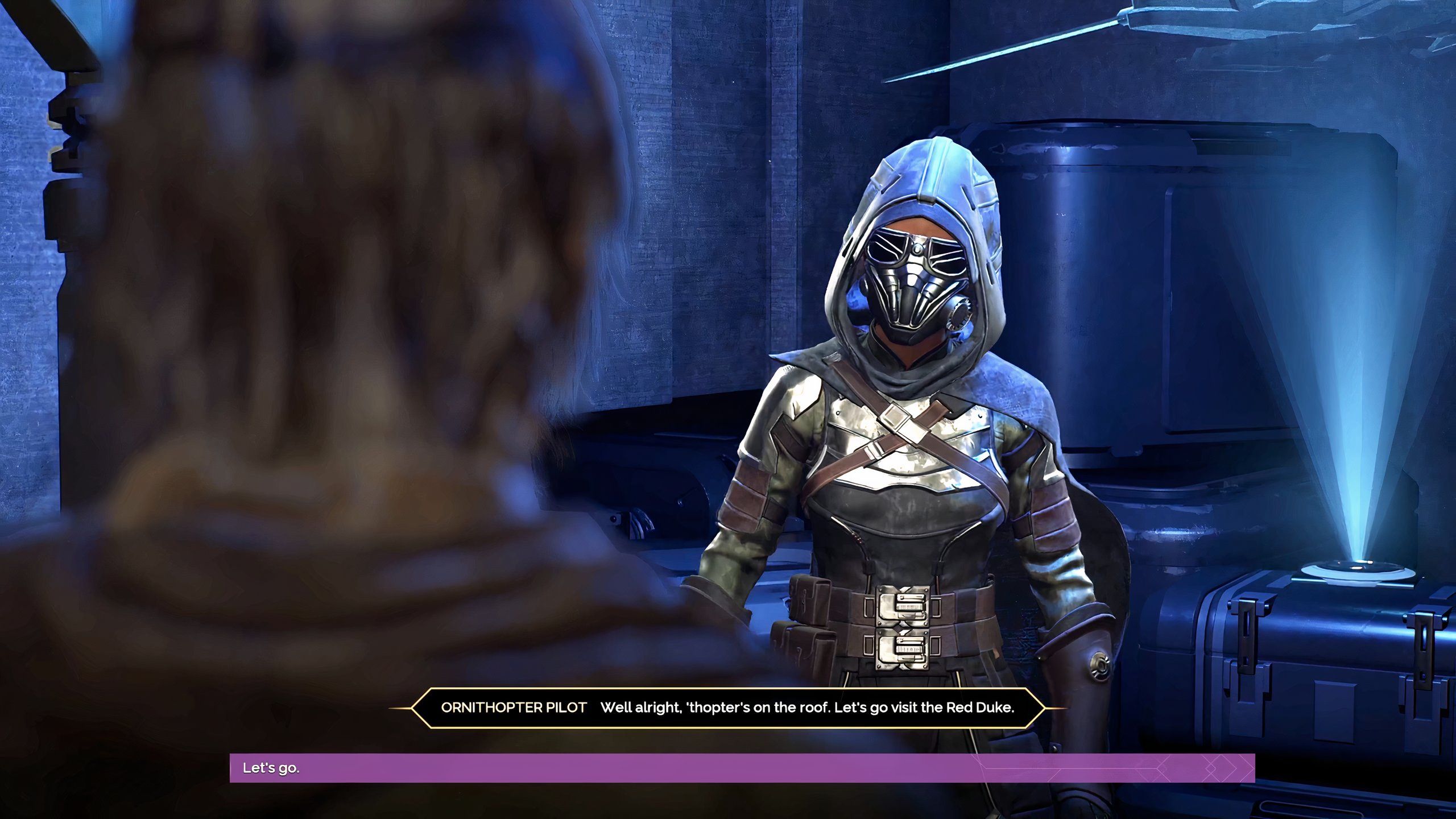 An ornithopter pilot in a settlement in Dune: Awakening.