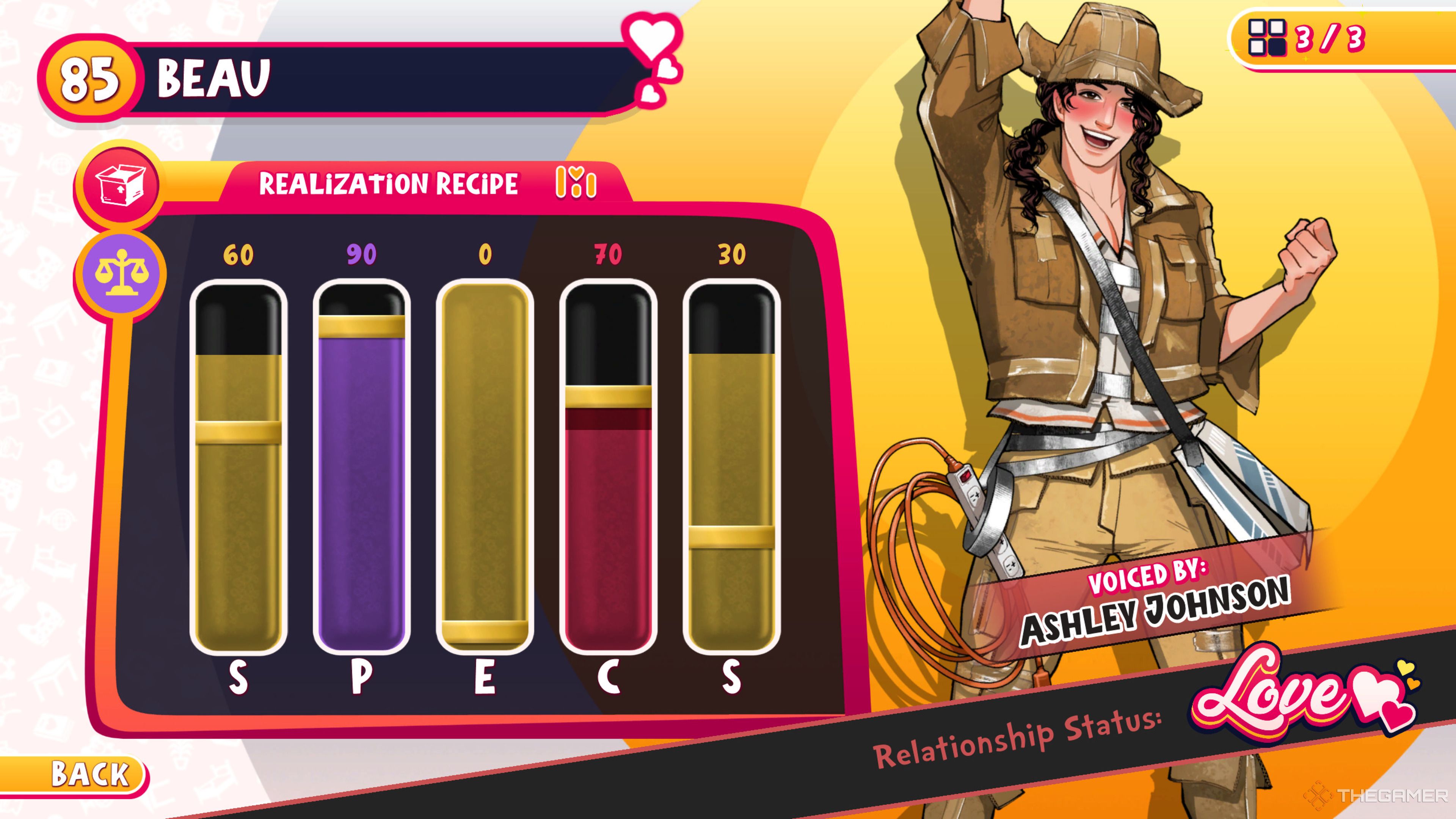 The Realization Recipe menu with the required SPECS for Beau in Date Everything.