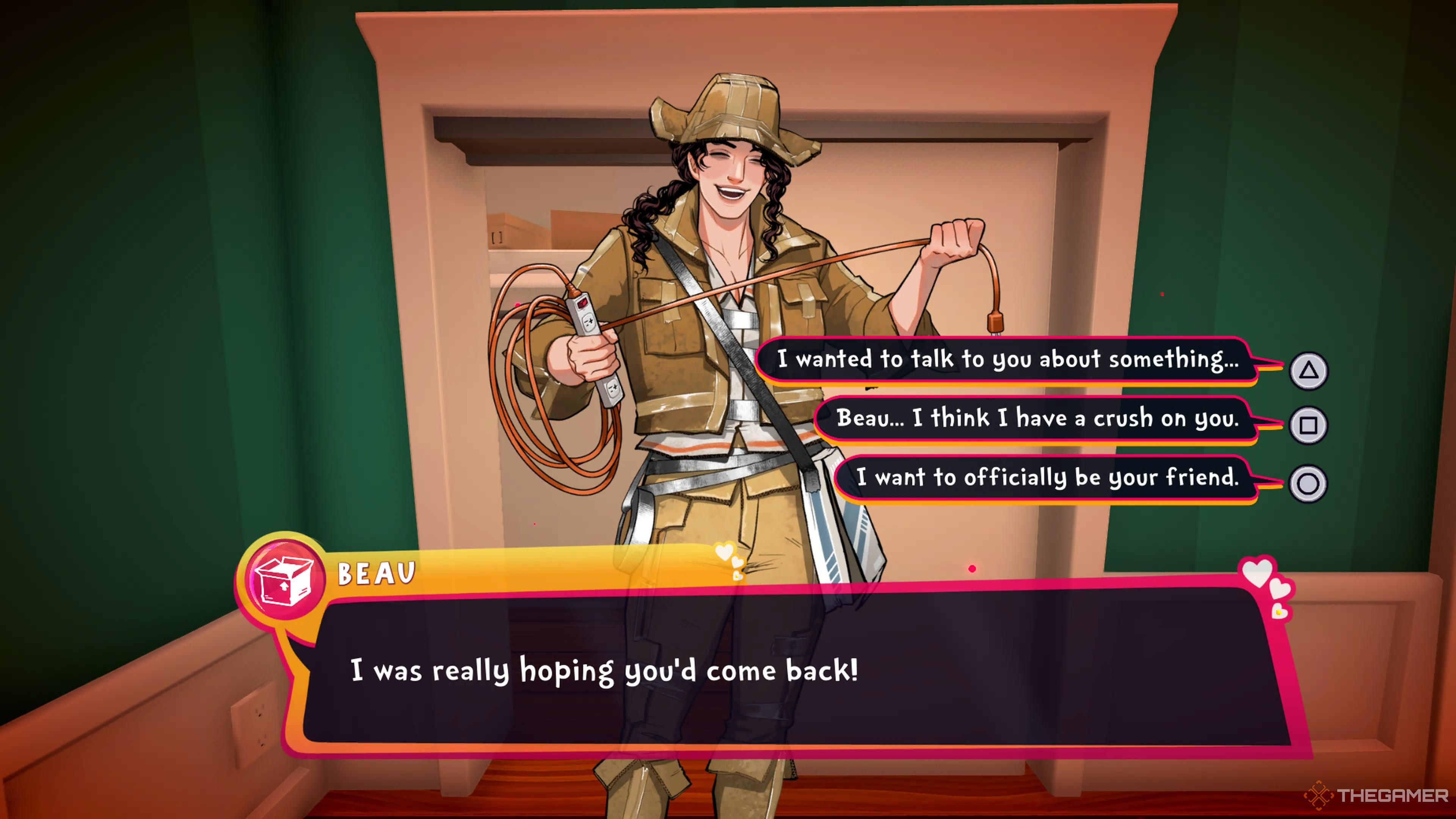 Beau conversing with you following the completion of her quest in Date Everything.