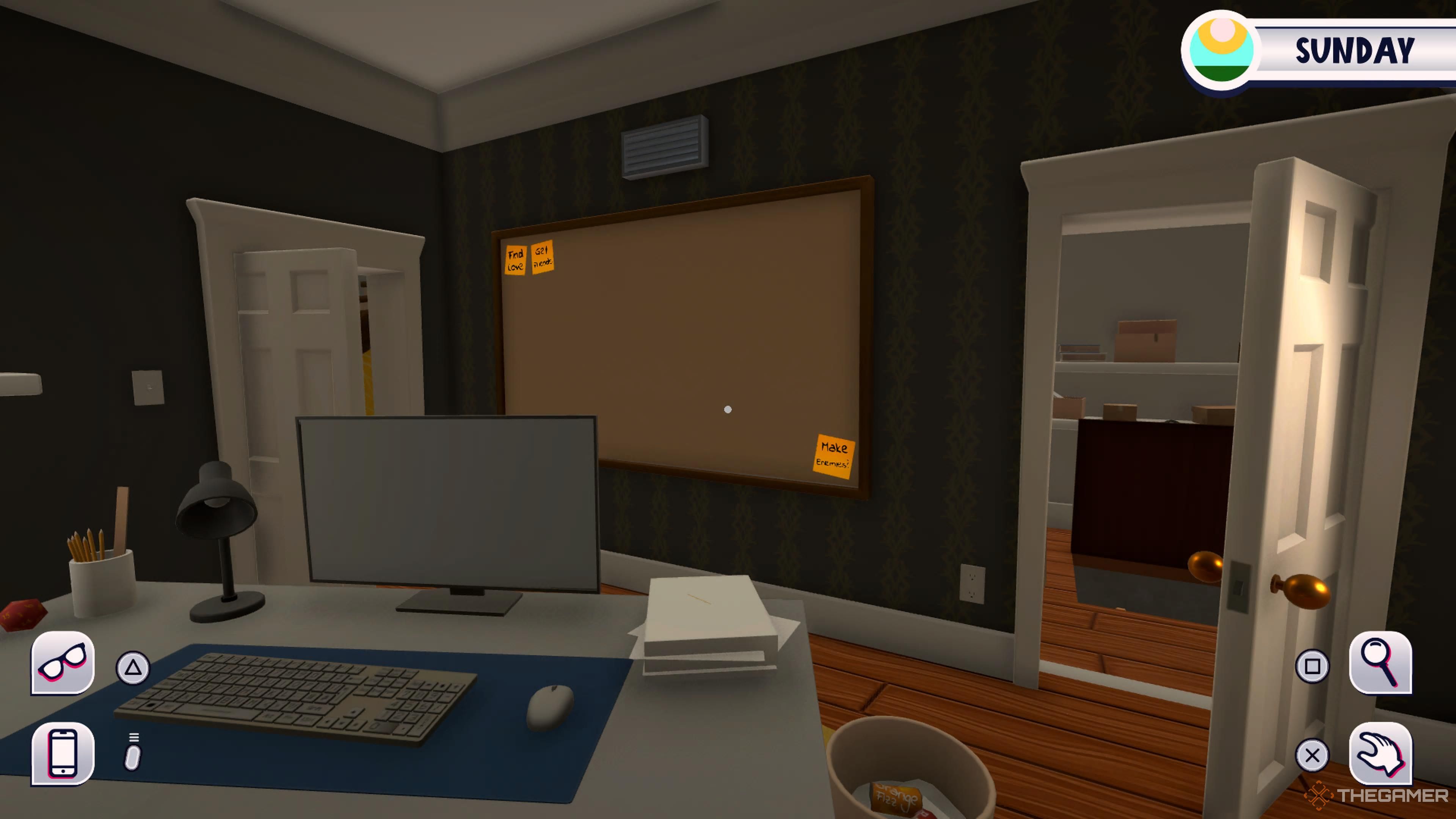 Your office in Date Everything, with the door to the right open.