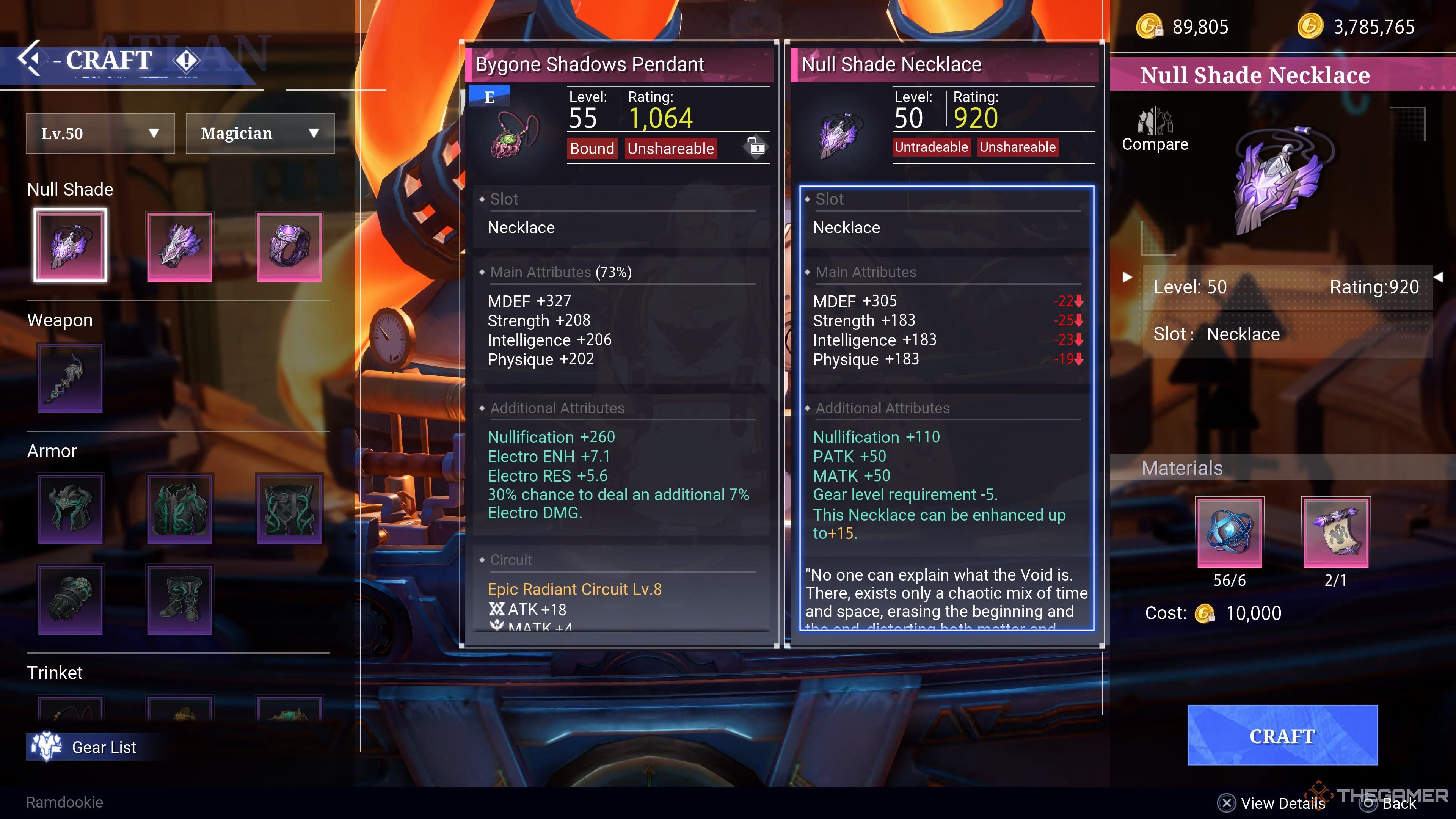 Crafting screen in Crystal of Atlan, gear stats comparison.