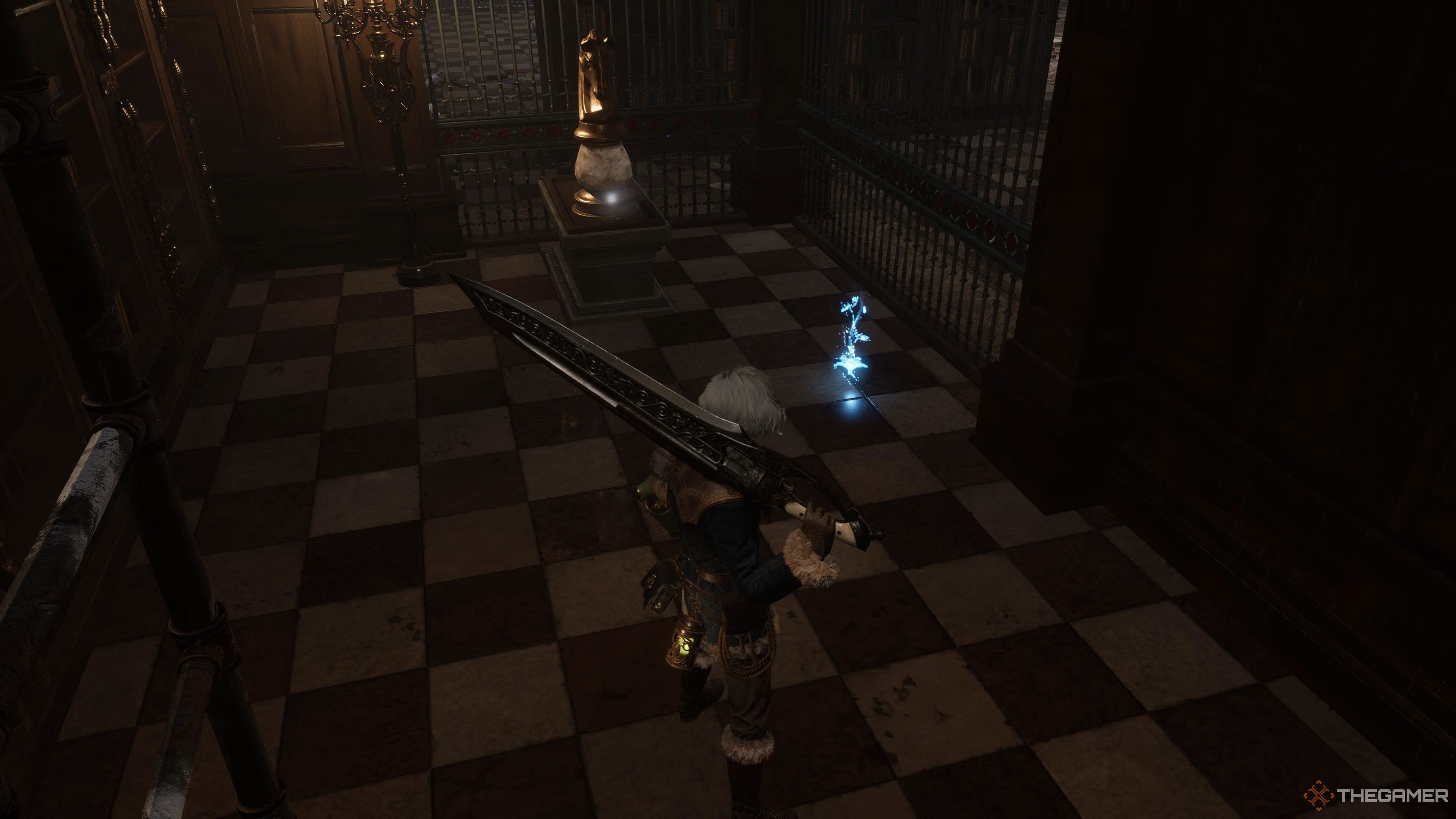 P standing by the first switch in the Monad Charity House in Lies Of P Overture.