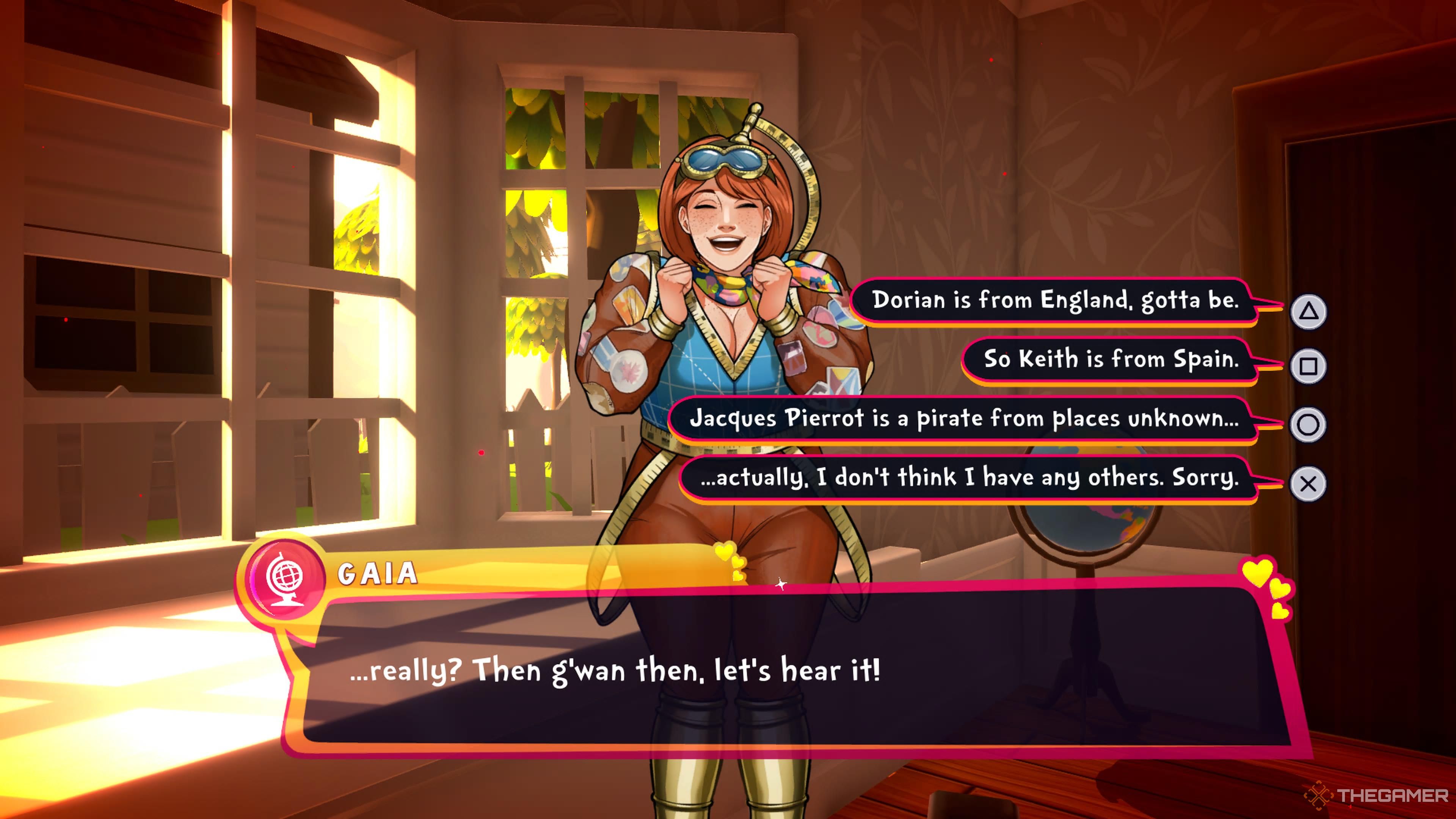 Gaia asking you about other characters in Date Everything.