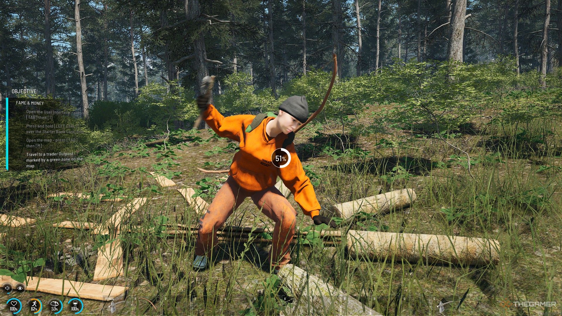 A prisoner bundled up for the cold biome chops wood with a stone axe in Scum.