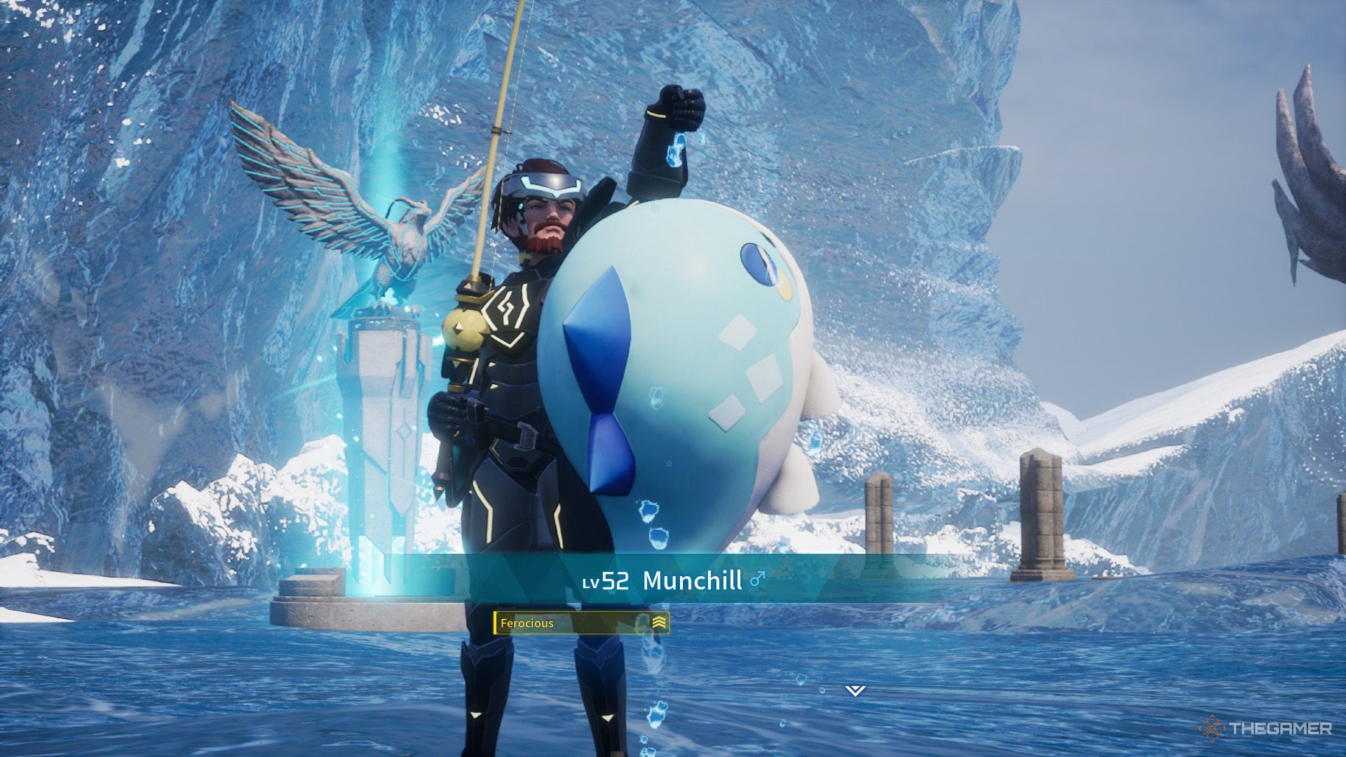 Catching a Munchill while fishing in Palworld.