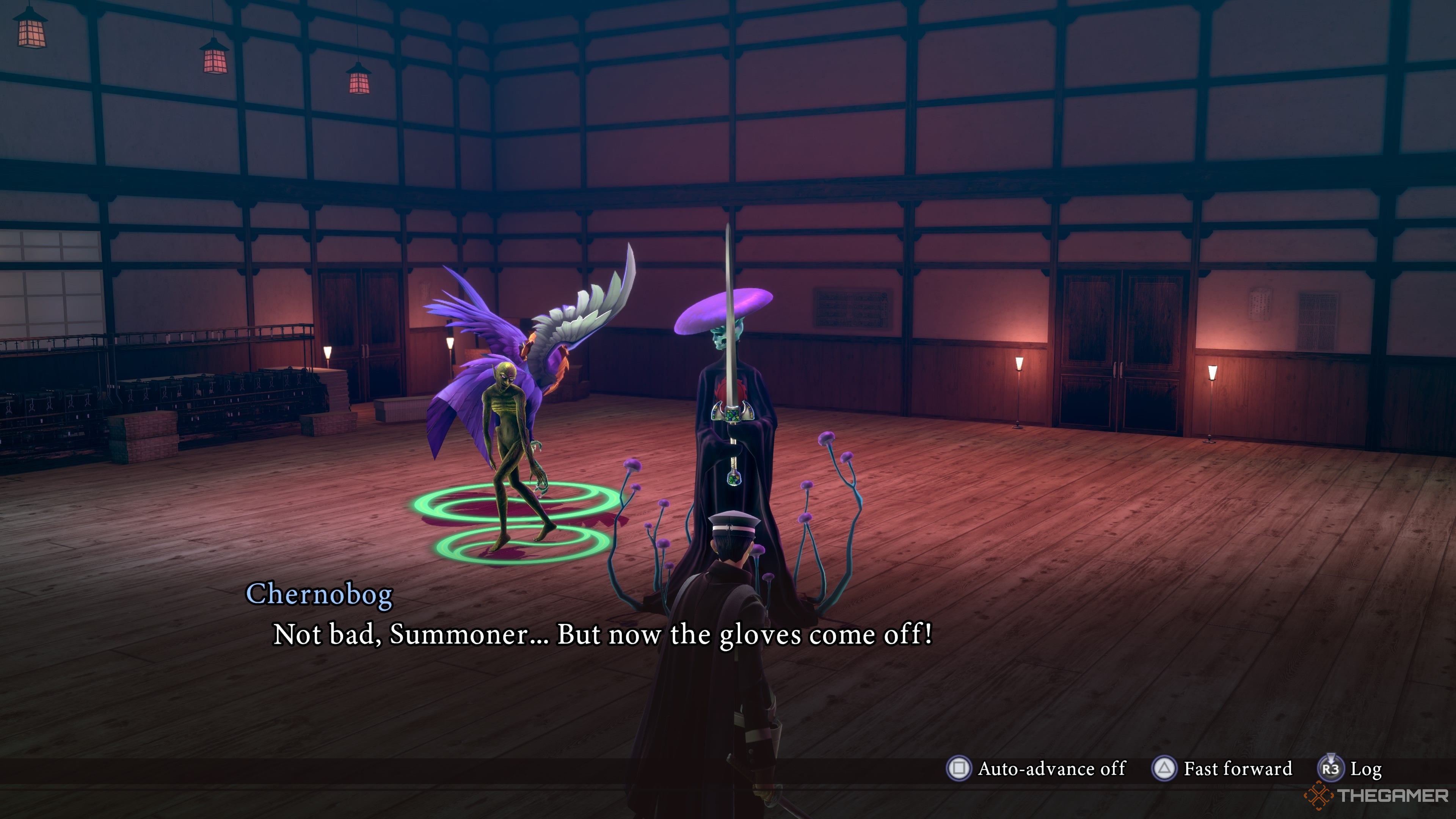 Chernobog taunting Raidou with Ghoul and Anzu in the background in Raidou Remastered The Mystery of the Soulless Army.