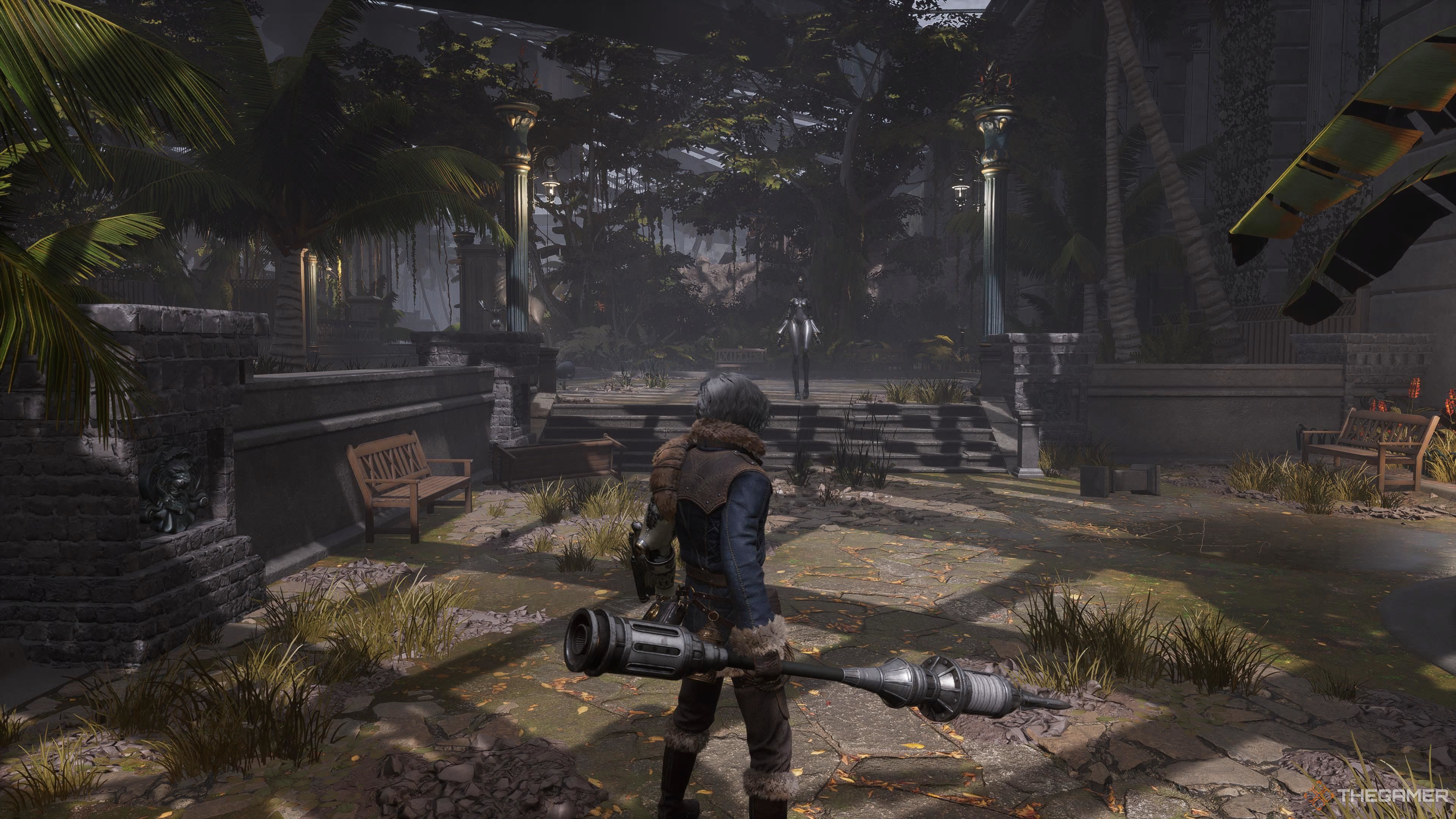 P inside the Greenhouse facing an enemy robot in Lies Of P Overture.