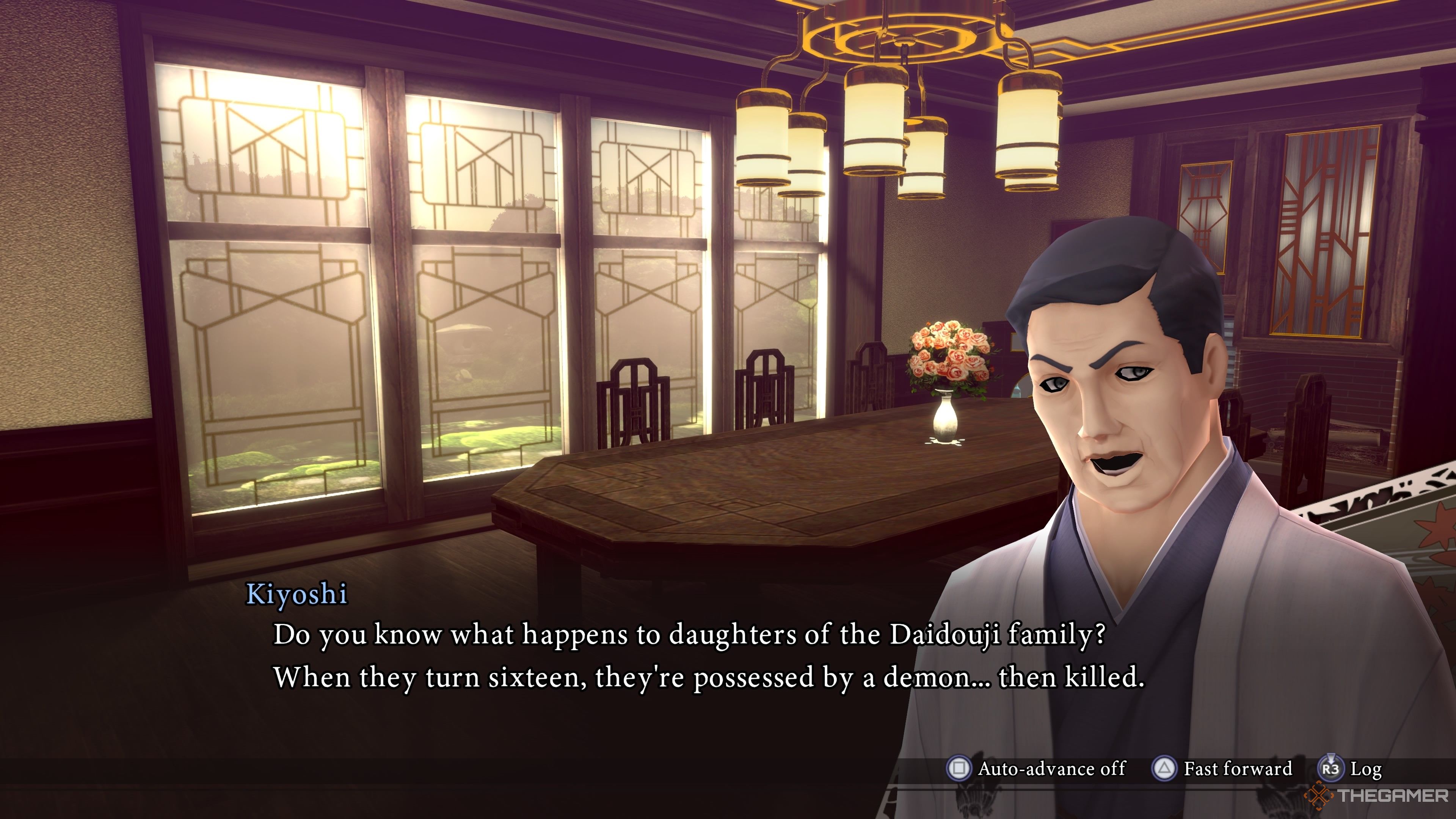 Kiyoshi Daidouji sharing the secrets of the Daidouji family in Raidou Remastered.