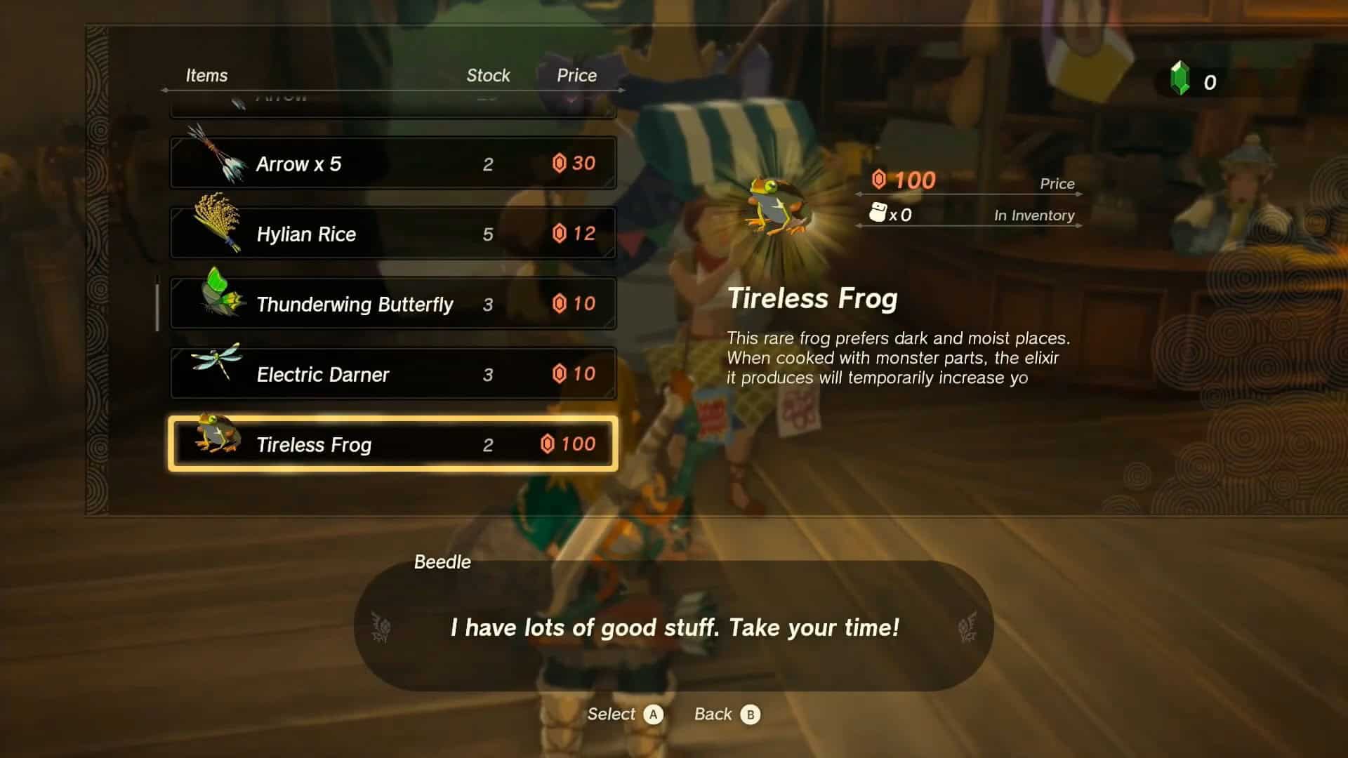 Buying Tireless Frogs in TotK