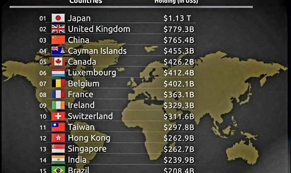 Top 20 Countries Debt to USA

1.  Japan – $1.13T
2.  United Kingdom – $779.3B
3.