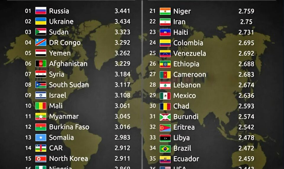 Top 40 Most Unsafe Countries in the World 2025

1.  Russia
2.  Ukraine
3.  Sudan