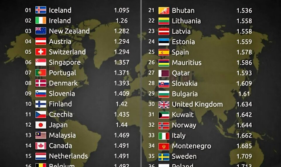 Top 40 Safest Countries in the World 2025

1.  Iceland
2.  Ireland
3.  New Zeala