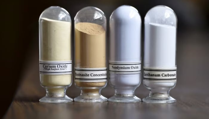 Display of rare earth mineral samples, including Cerium oxide, Bastnasite, Neodymium oxide, and Lanthanum carbonate, during a tour of Molycorp's Mountain Pass Rare Earth facility in California on June 29, 2015. — Reuters