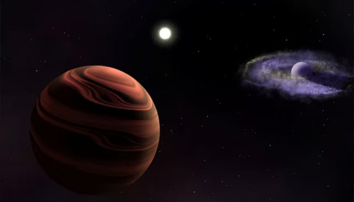 An artist's depiction of the sun-like star YSES-1, with the planet YSES-1 b and its dusty circumplanetary disk on the right, and the planet YSES-1 c, featuring silicate clouds in its atmosphere on the left, is shown in this image obtained by Reuters on June 11, 2025.