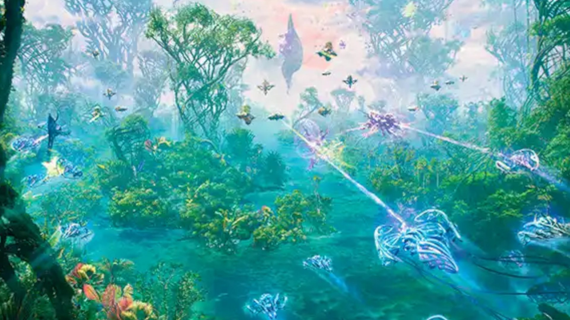 Ships engage in a firefight on a jungle planet