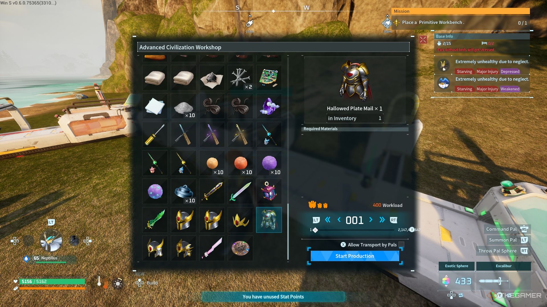 Player preparing to craft Hallowed Plate Mail armor - Palworld
