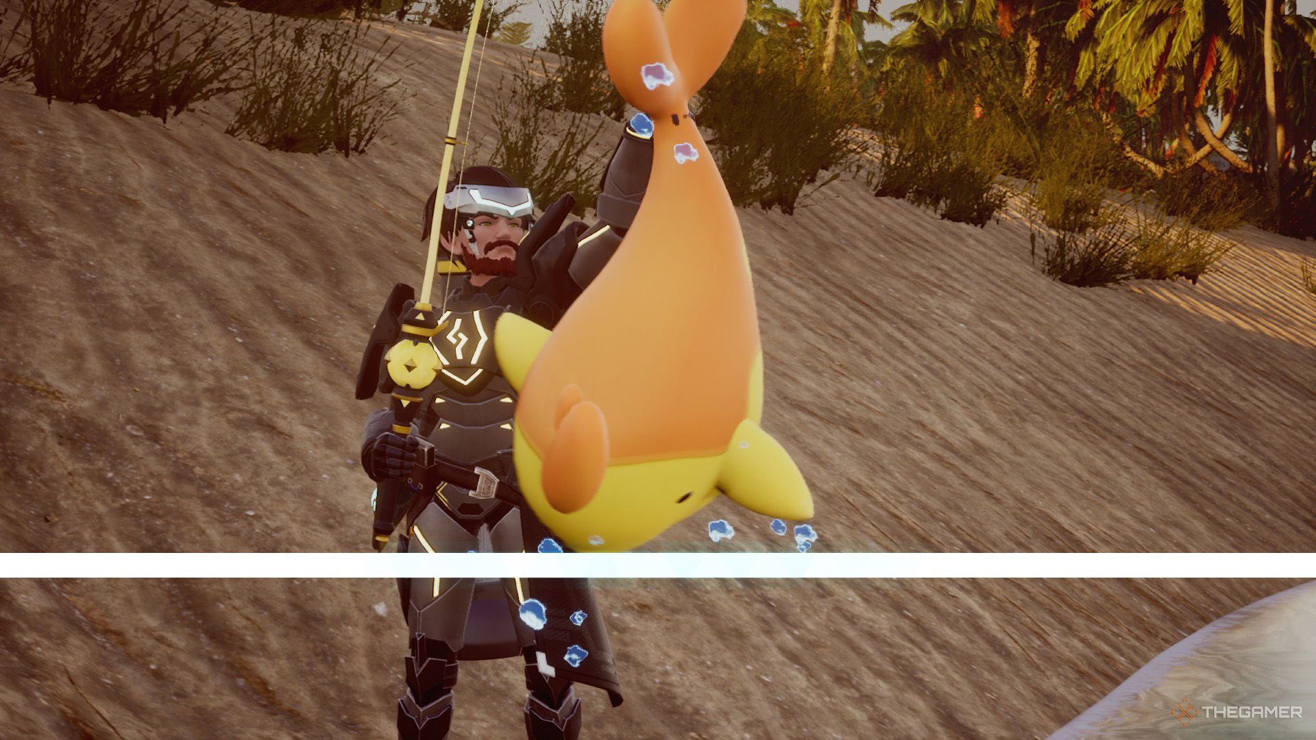 Catching a wild Finsider while fishing in Palworld.