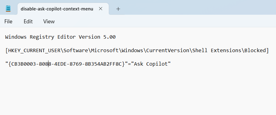 Creating a registry file in Notepad to disable the 'Ask Copilot' option in the Windows context menu.