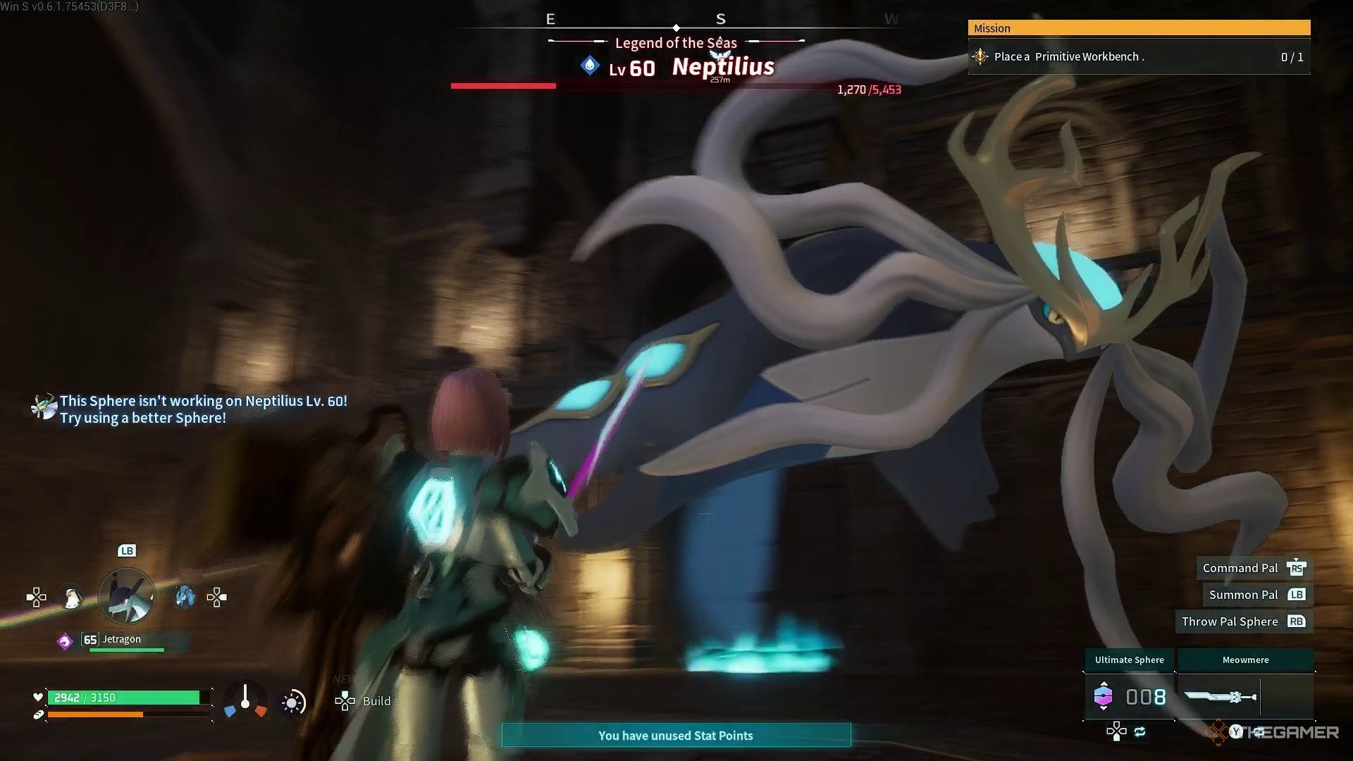 The player battling Neptilius in Palworld.