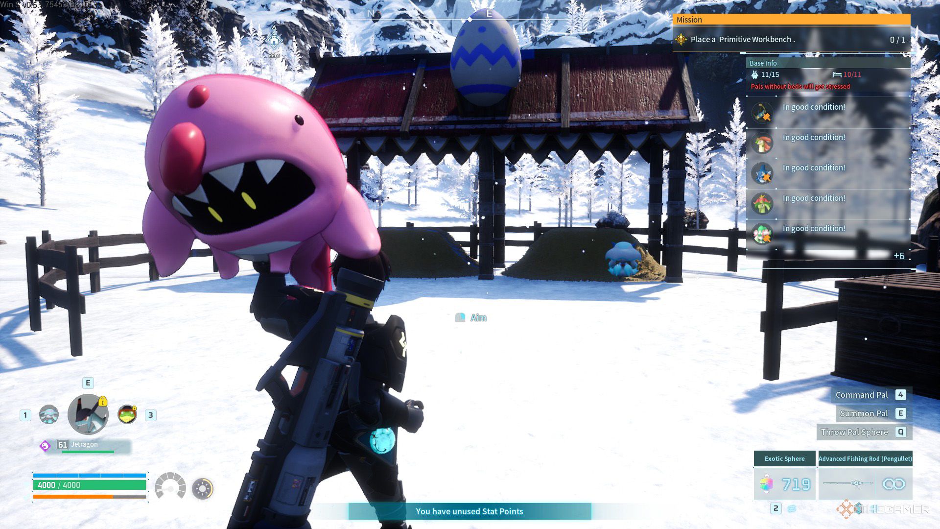 The player carries a Finsider Ignis to the breeding farm in Palworld.