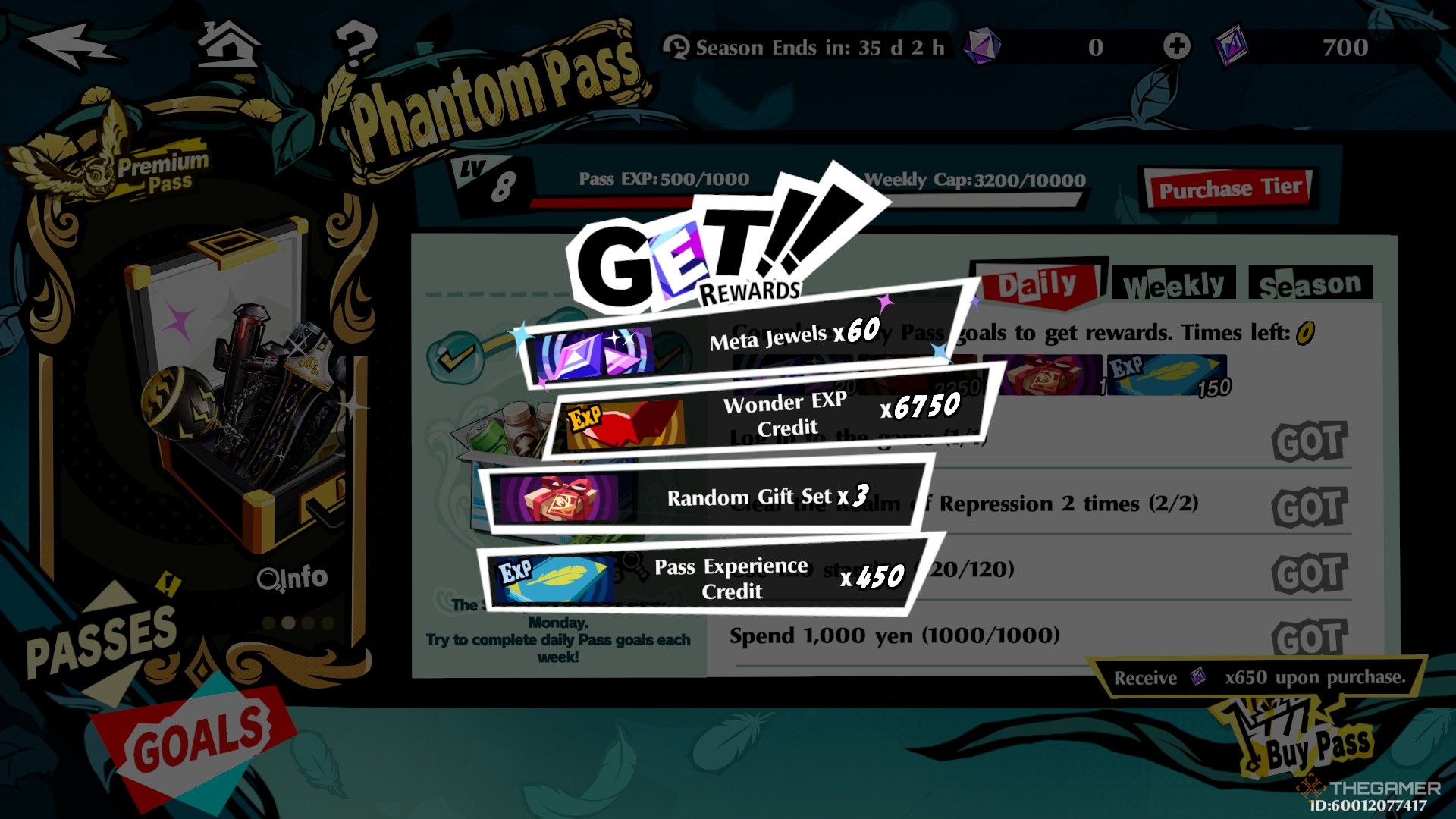 Menu showing rewards for completing tasks, including EXP in Persona 5: The Phantom X.