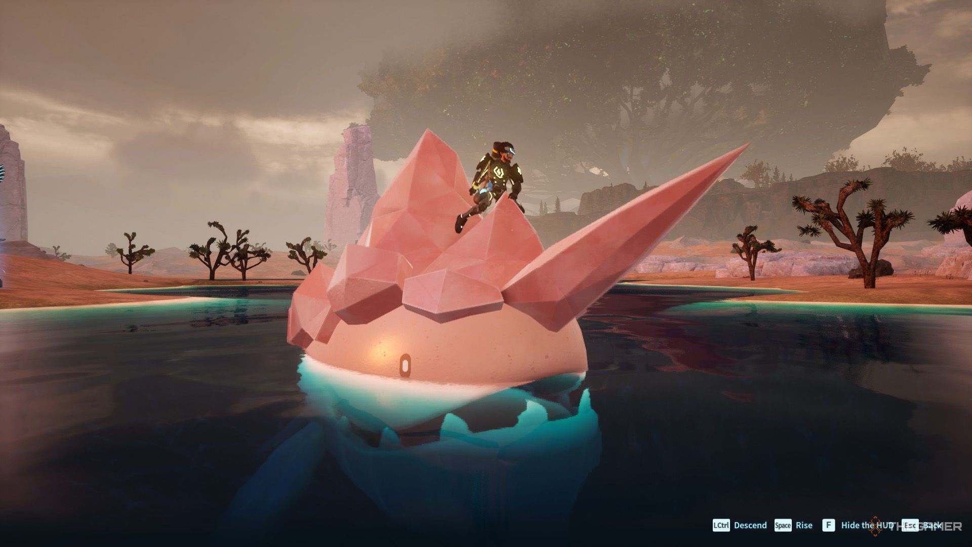 The player using a Whalaska Ignis as a mount in Palworld.