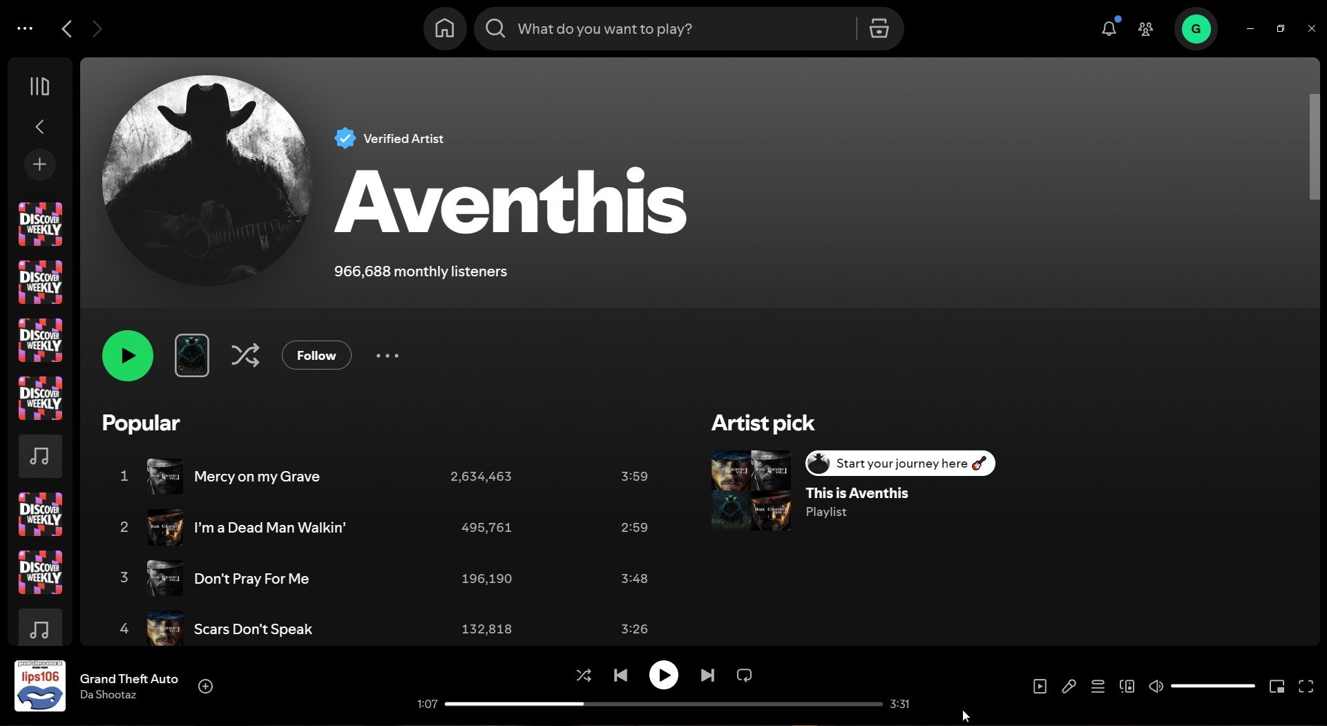 Aventh-is AI-generated band page on Spotify.