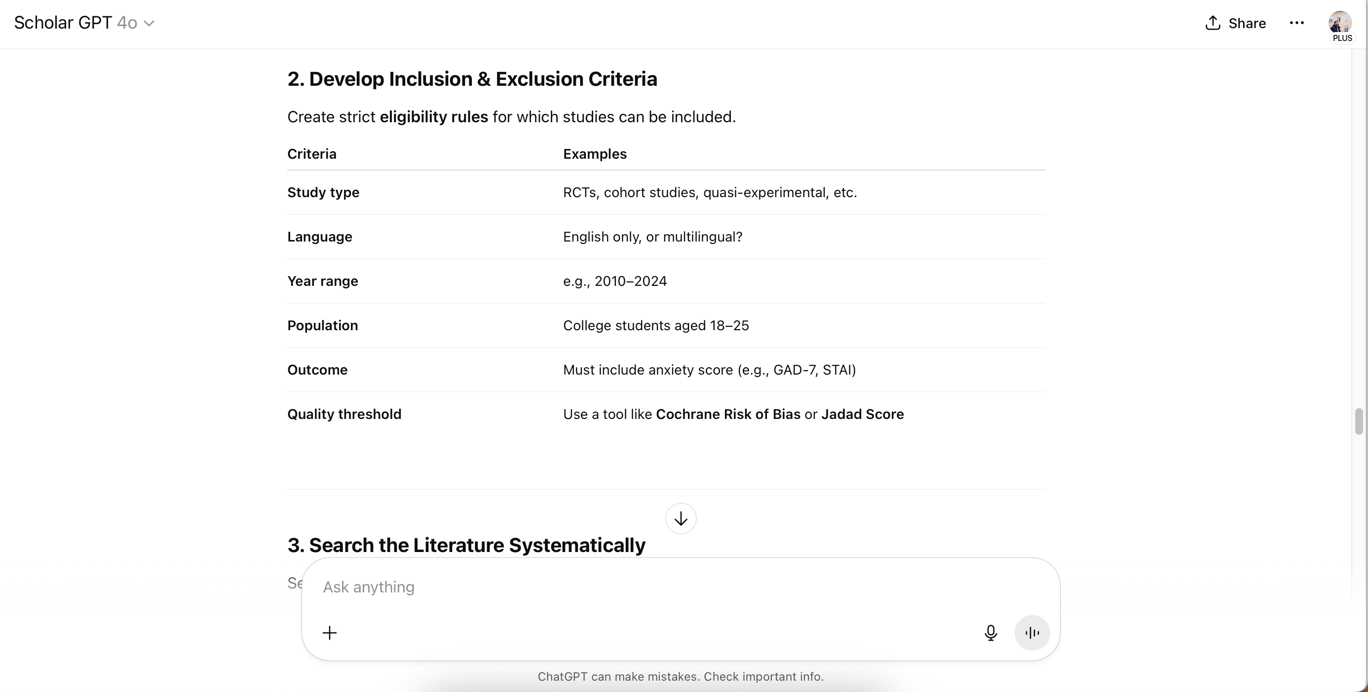 Assessing specific criteria in ScholarGPT