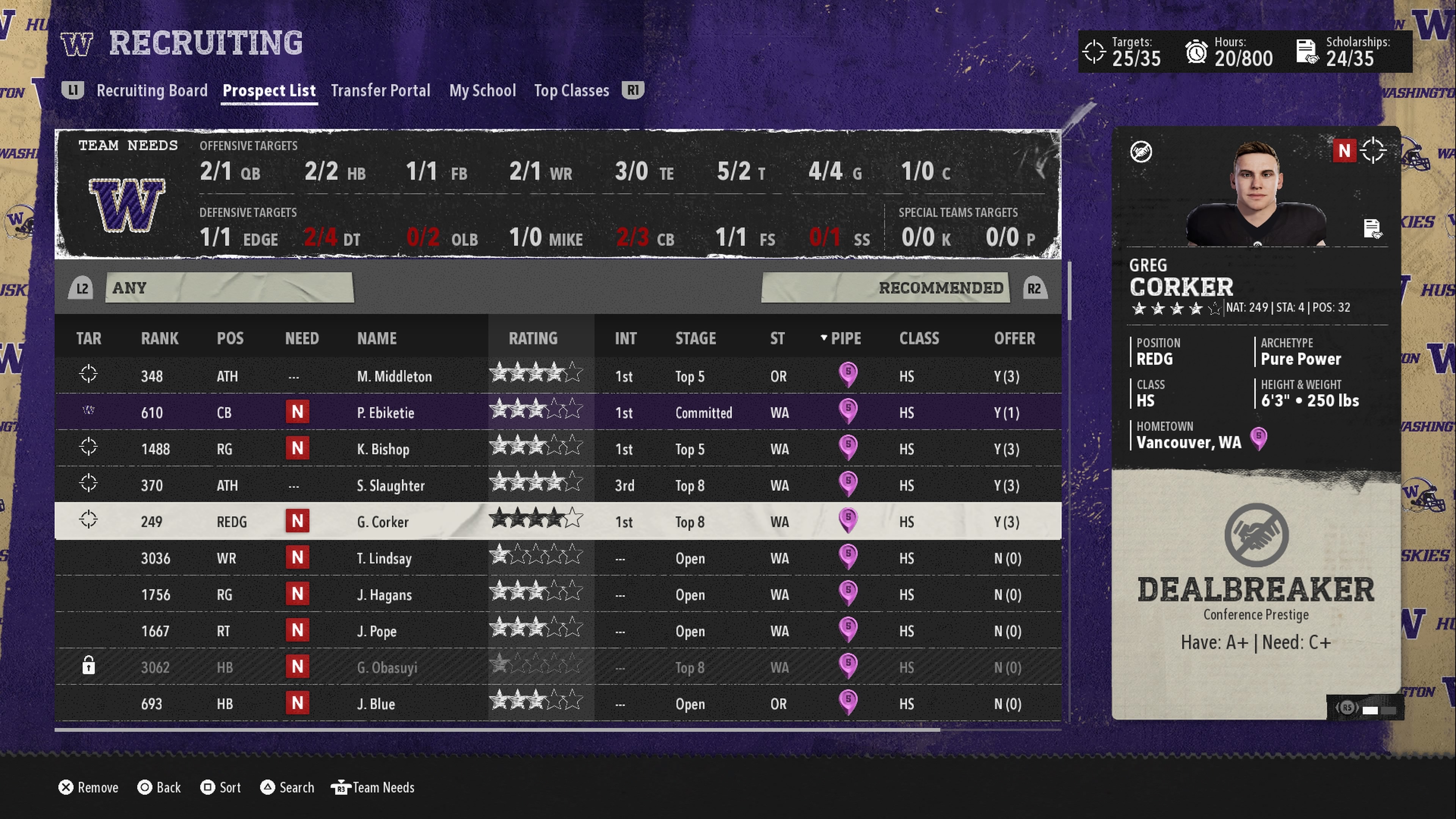 The main recruiting Prospect List screen in College Football 26