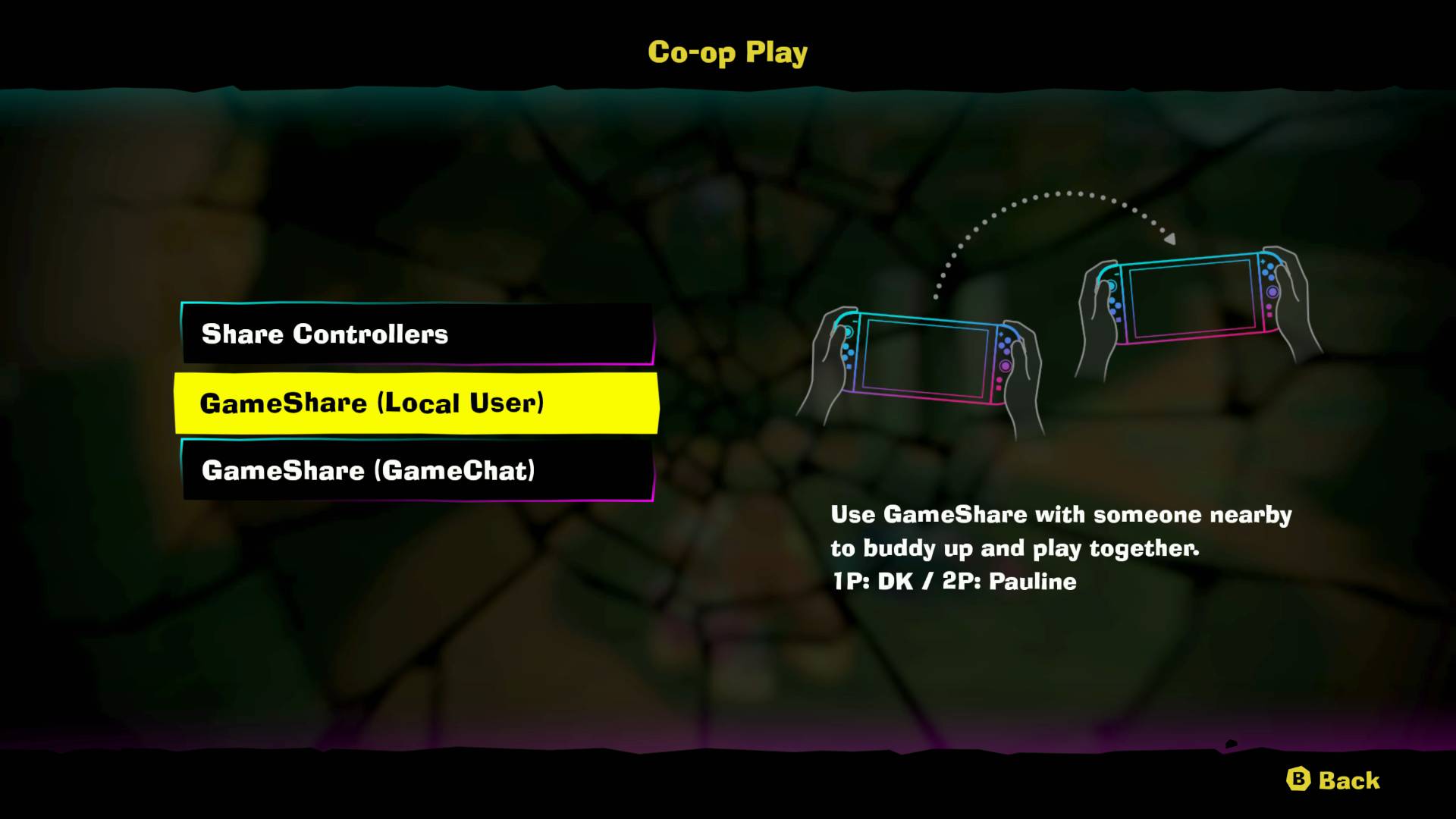 Donkey Kong Bananza co-op play menu with gameshare local user option