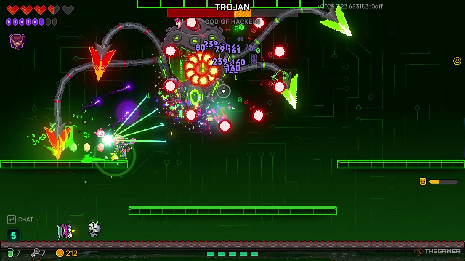 Elise shooting at Trojan while dodging tentacles stabbing at her in a digital green arena in Neon Abyss 2.