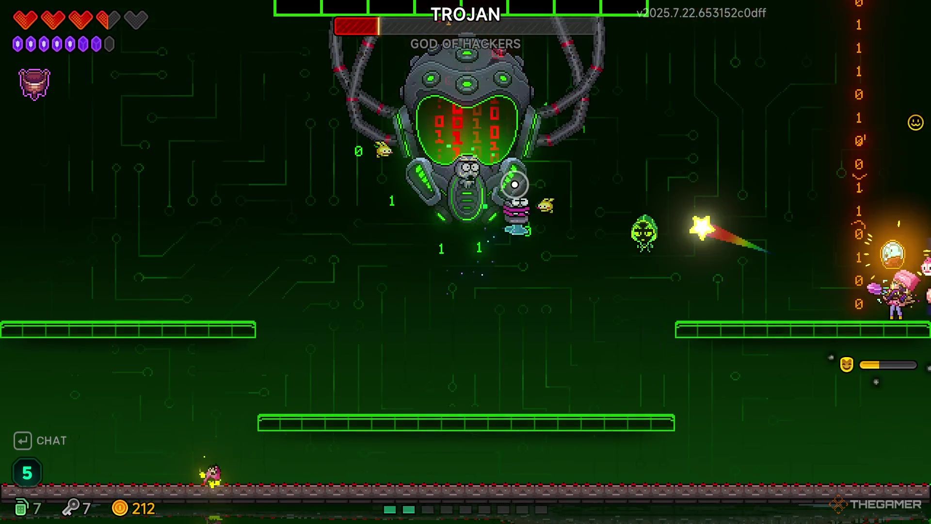 Elise shooting at Trojan in its last phase while a pillar of ones and zeros come down near her in Neon Abyss 2.