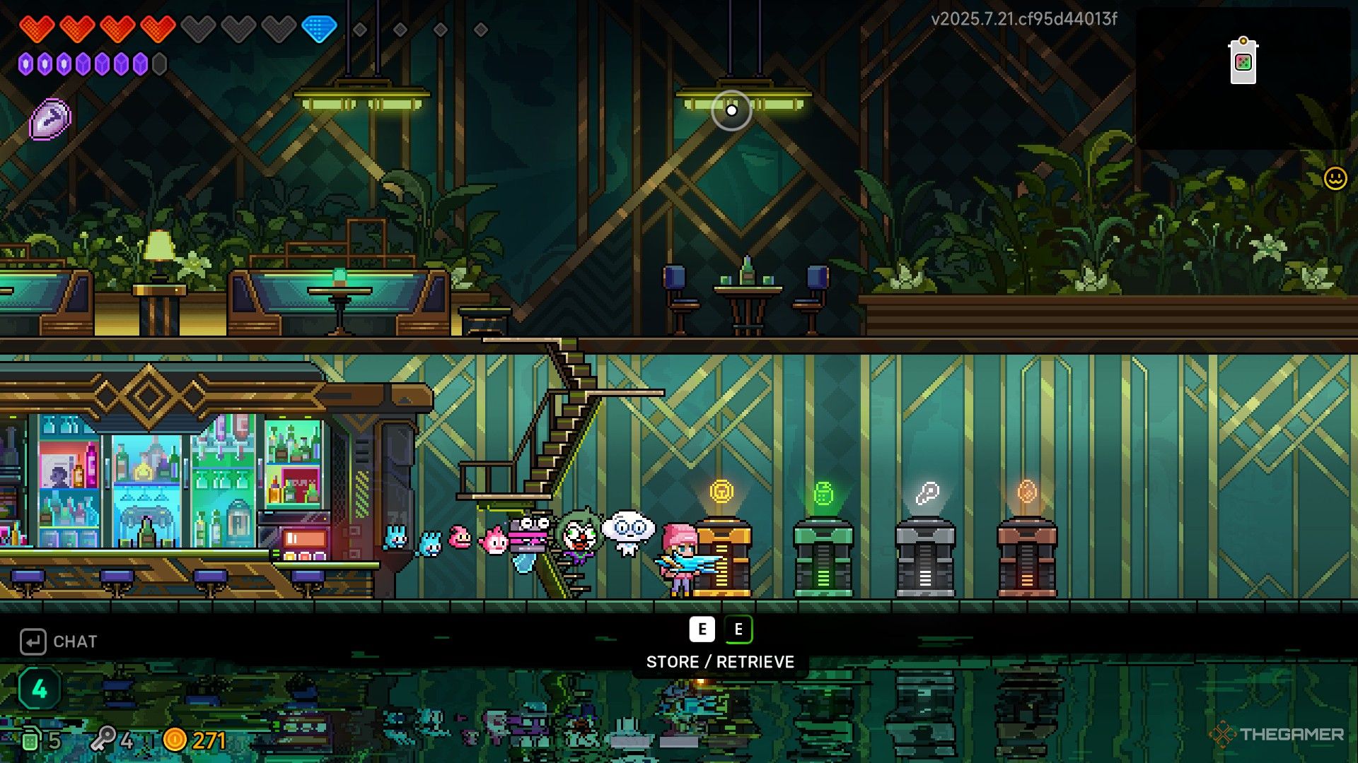 Elise and several Hatchmon next to the four resource storage containers in the Blackdog Safehouse in Neon Abyss 2.