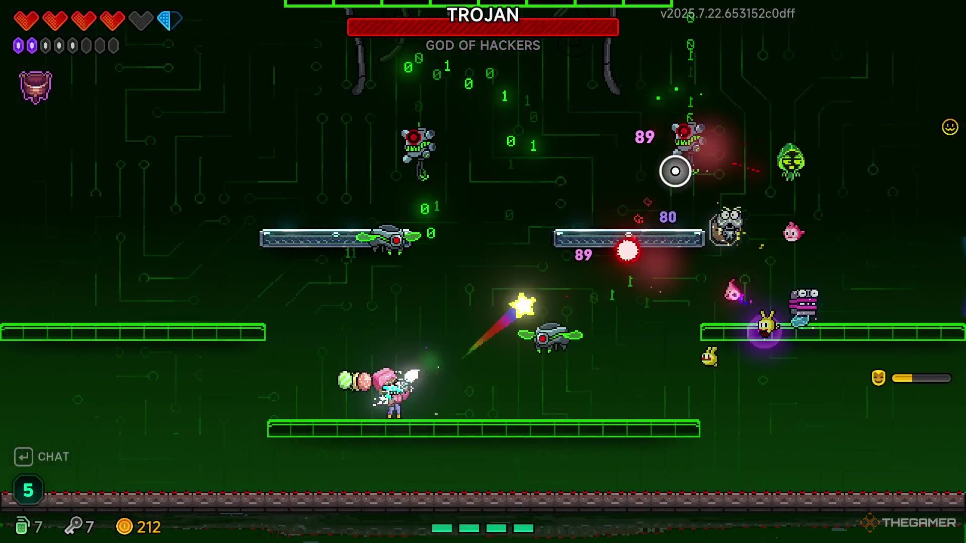 Elise and several Hatchmons fighting flying enemies Trojan summoned in a green arena in Neon Abyss 2.
