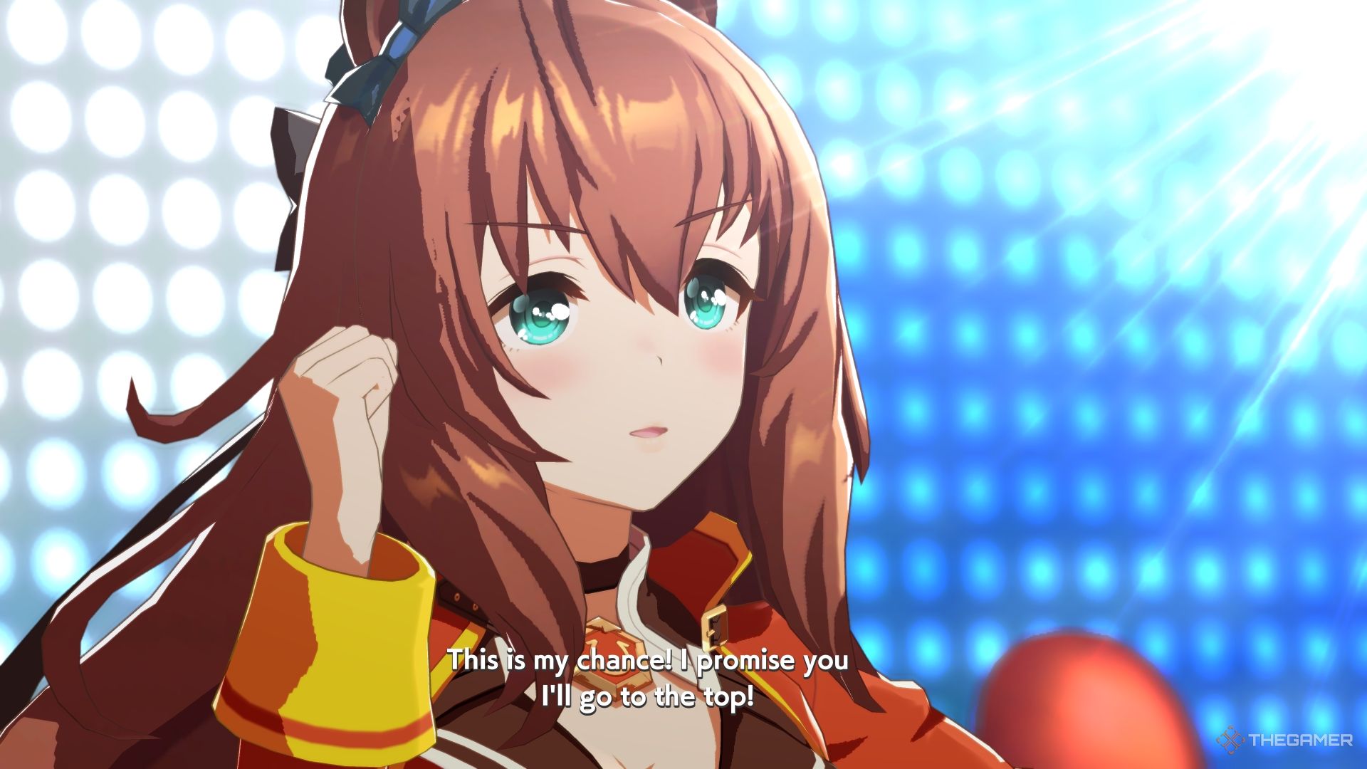 Umamusume Pretty Derby Maruzensky singing on stage about reaching the top.