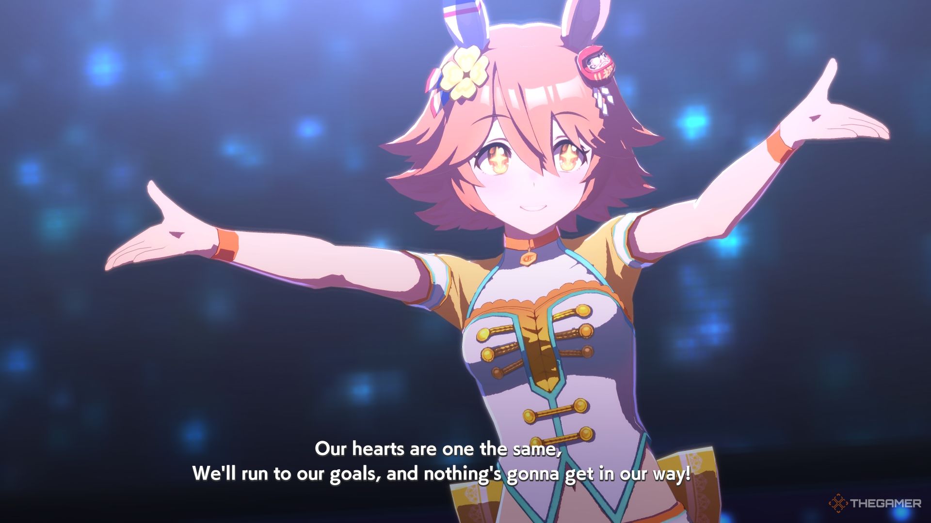 Matikanefukukitaru supporting with arms outstretched