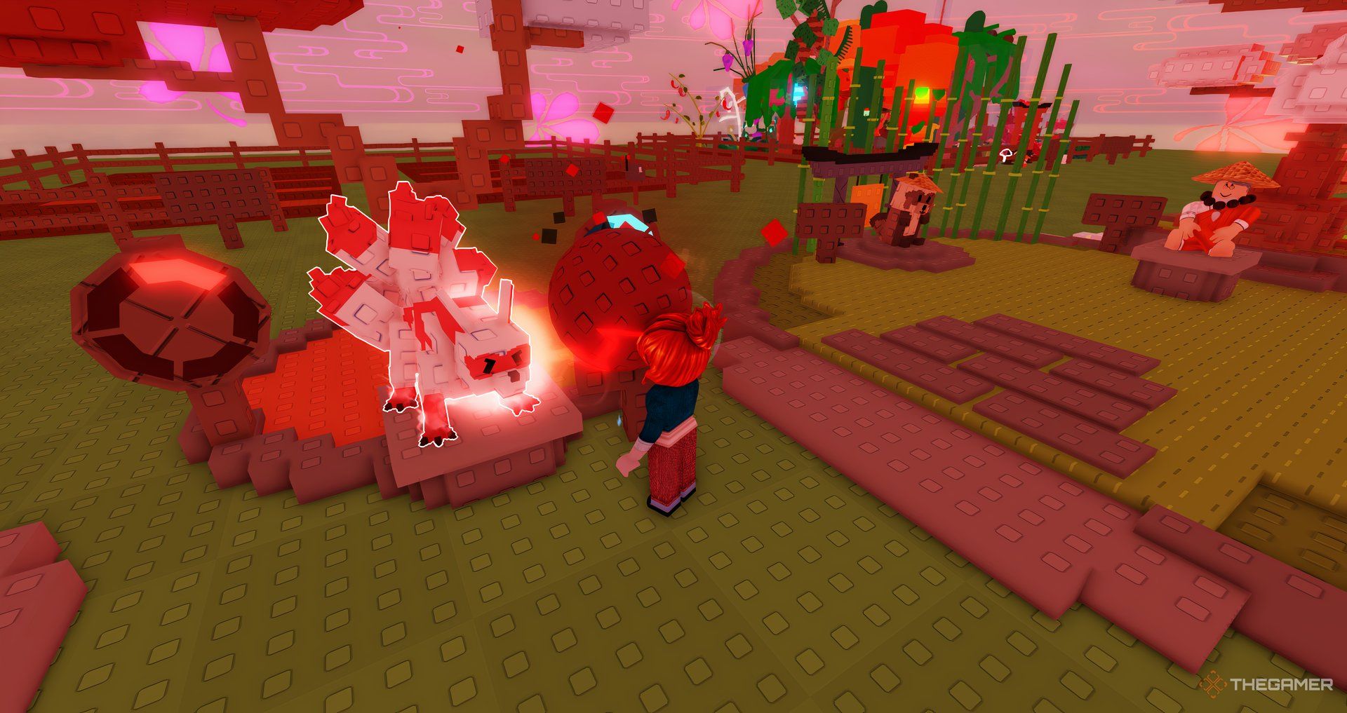 Player giving a Corrupt Fruit to the Kitsune in Grow a Garden