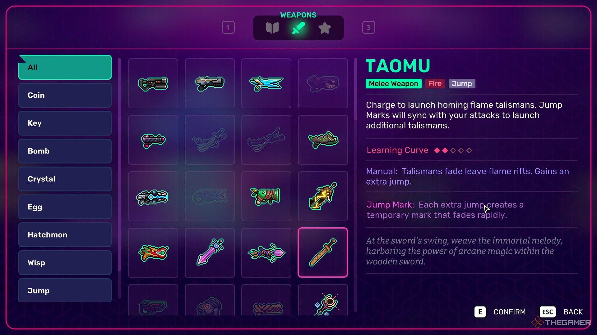 Weapon profile for Taomu showing its abilities in Neon Abyss 2.