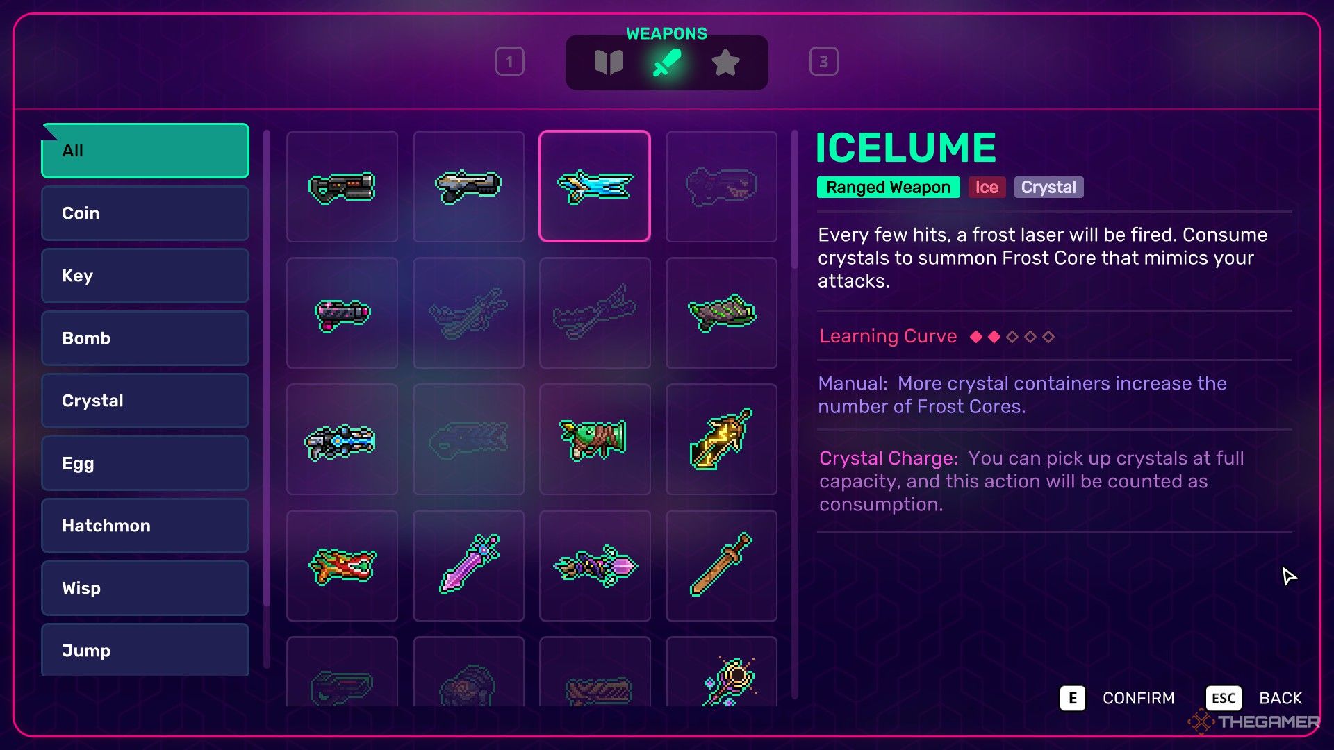 Weapon profile for Icelume showing its abilities in Neon Abyss 2.