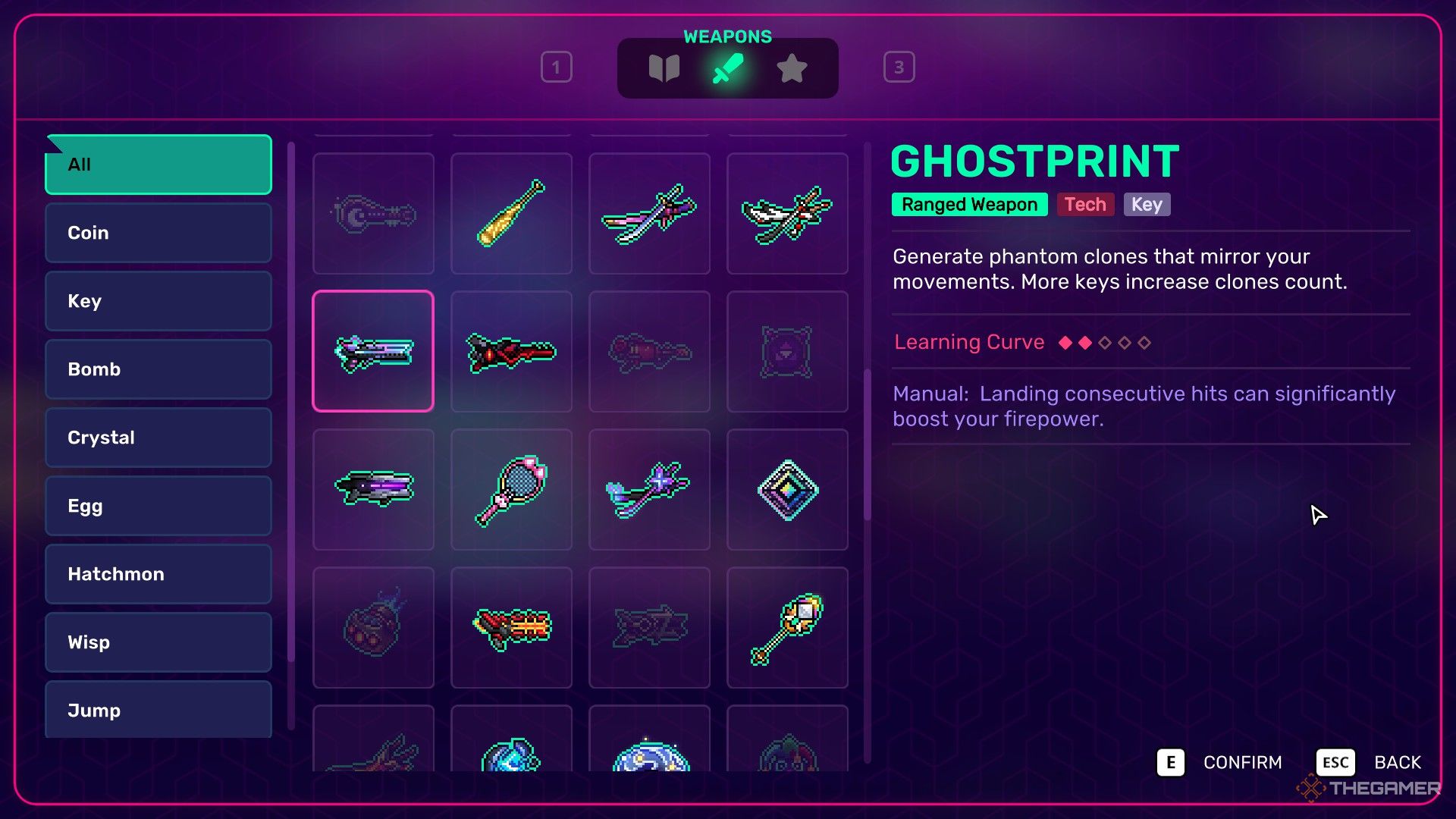 Weapon profile for Ghostprint showing its abilities in Neon Abyss 2.