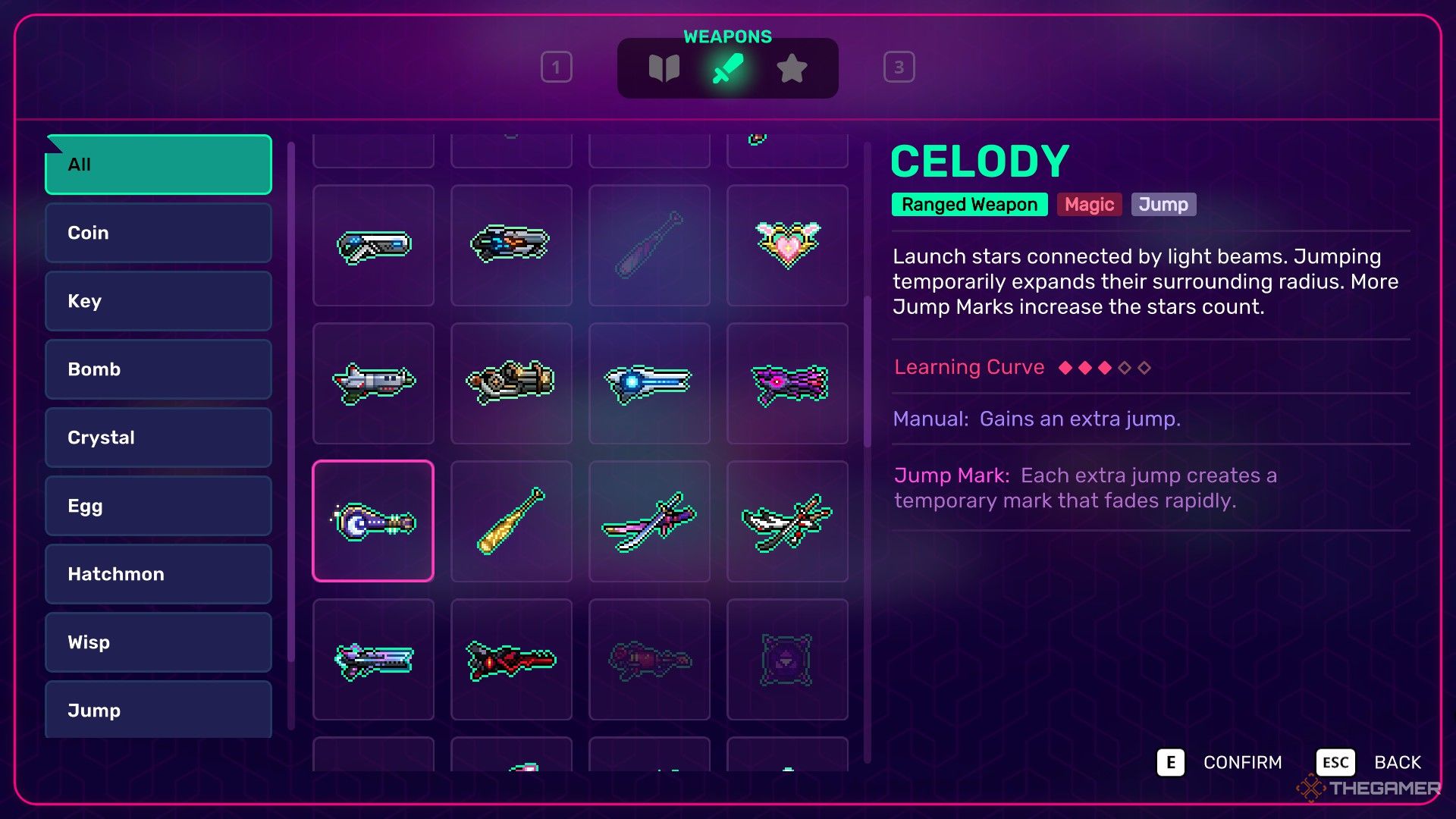 Weapon profile for Celody showing its abilities in Neon Abyss 2.