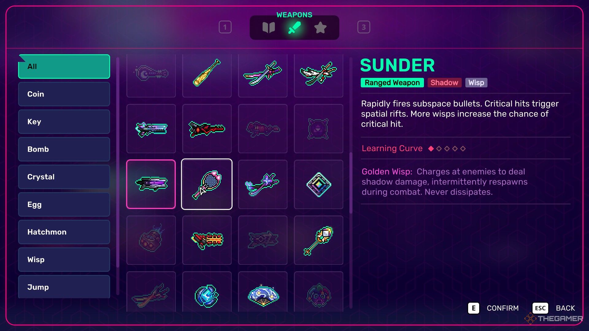 Weapon profile for Sunder showing its abilities in Neon Abyss 2.