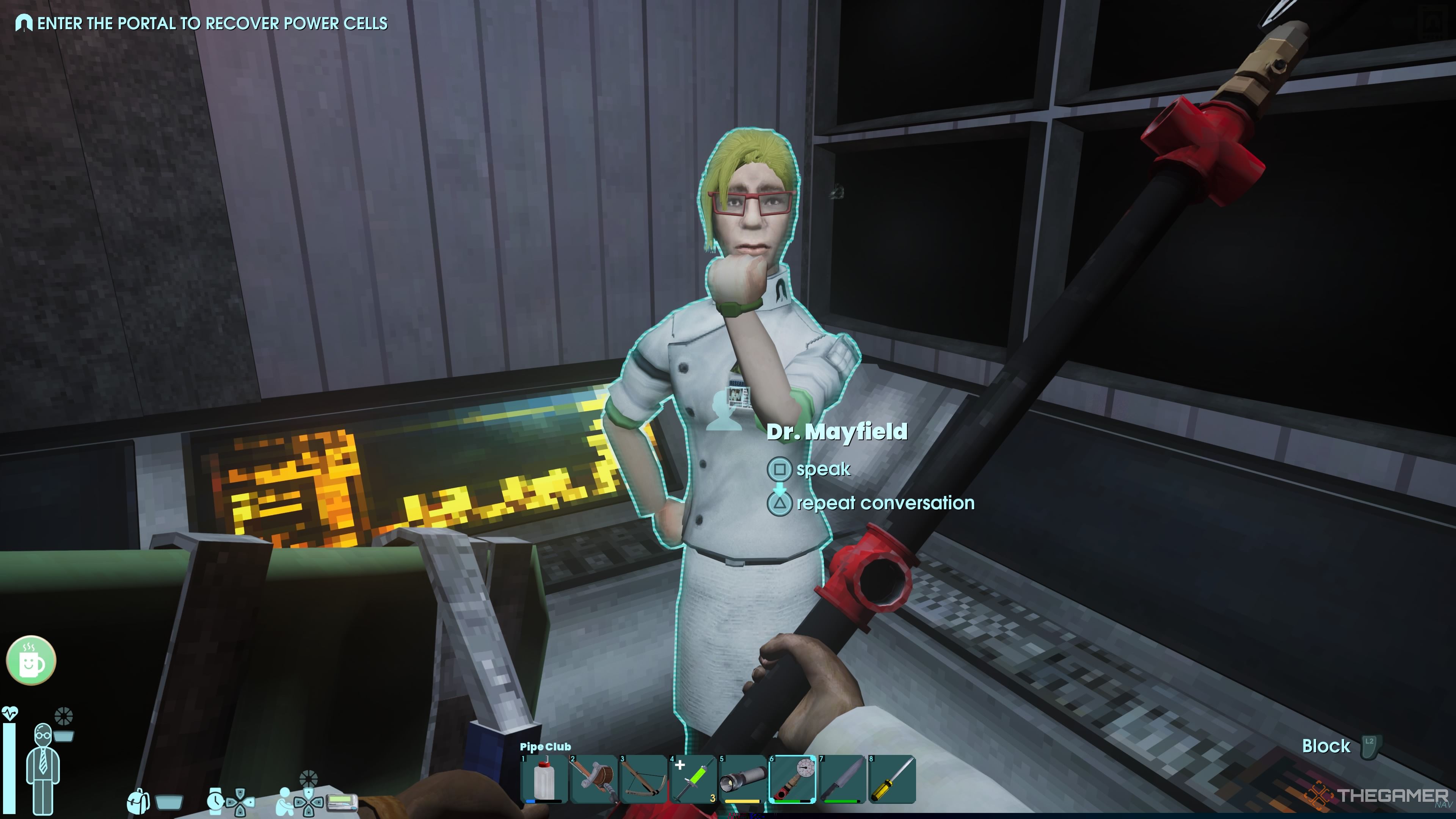 Player at the entrance to a computer room with Alice Mayfield.