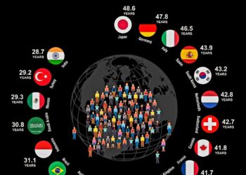 Avg. Age by Country: Oldest to Youngest  (Top 20 Economies)

1.  Japan: 48.6 yea