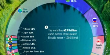World's Top 20 Countries Freshwater Reserves  

1.  Brazil – 13.2%
2.  Russia –