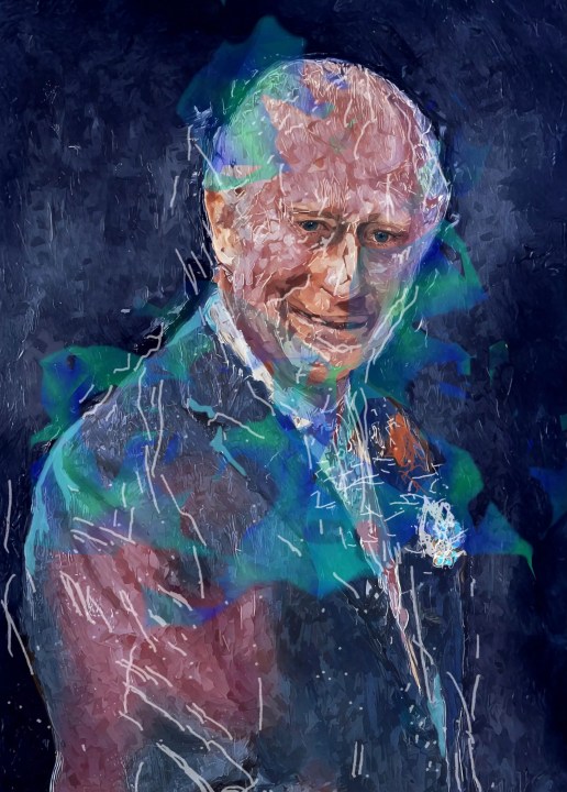 A portrait of King Charles III created by Ai-Da, a humanoid robot.