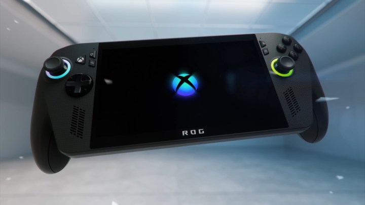The Xbox ROG Ally floating in the air.