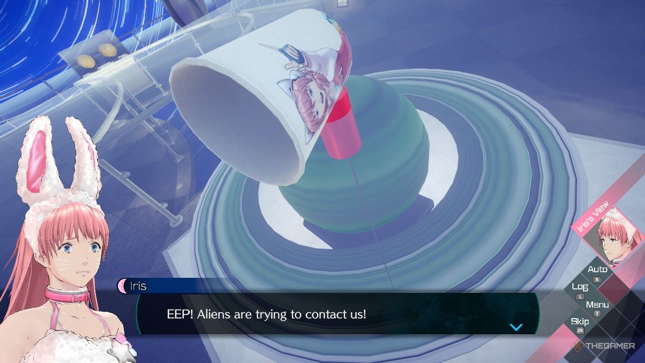 Iris using the cup and string on the planet puzzle to open the rocket ship in No Sleep for Kaname Date.