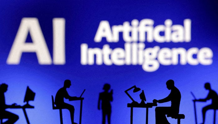 Figures with tech devices beside 'Artificial Intelligence AI' caption